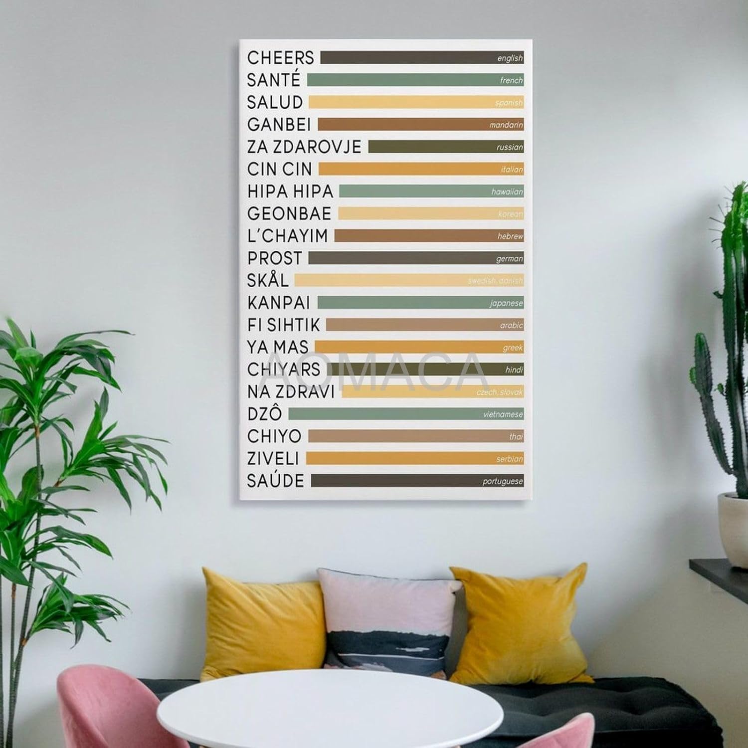 RCIDOS Póster artístico divertido con texto en inglés “Cheers in different language”, impresión de colores retro, tipografía artística, pósteres e