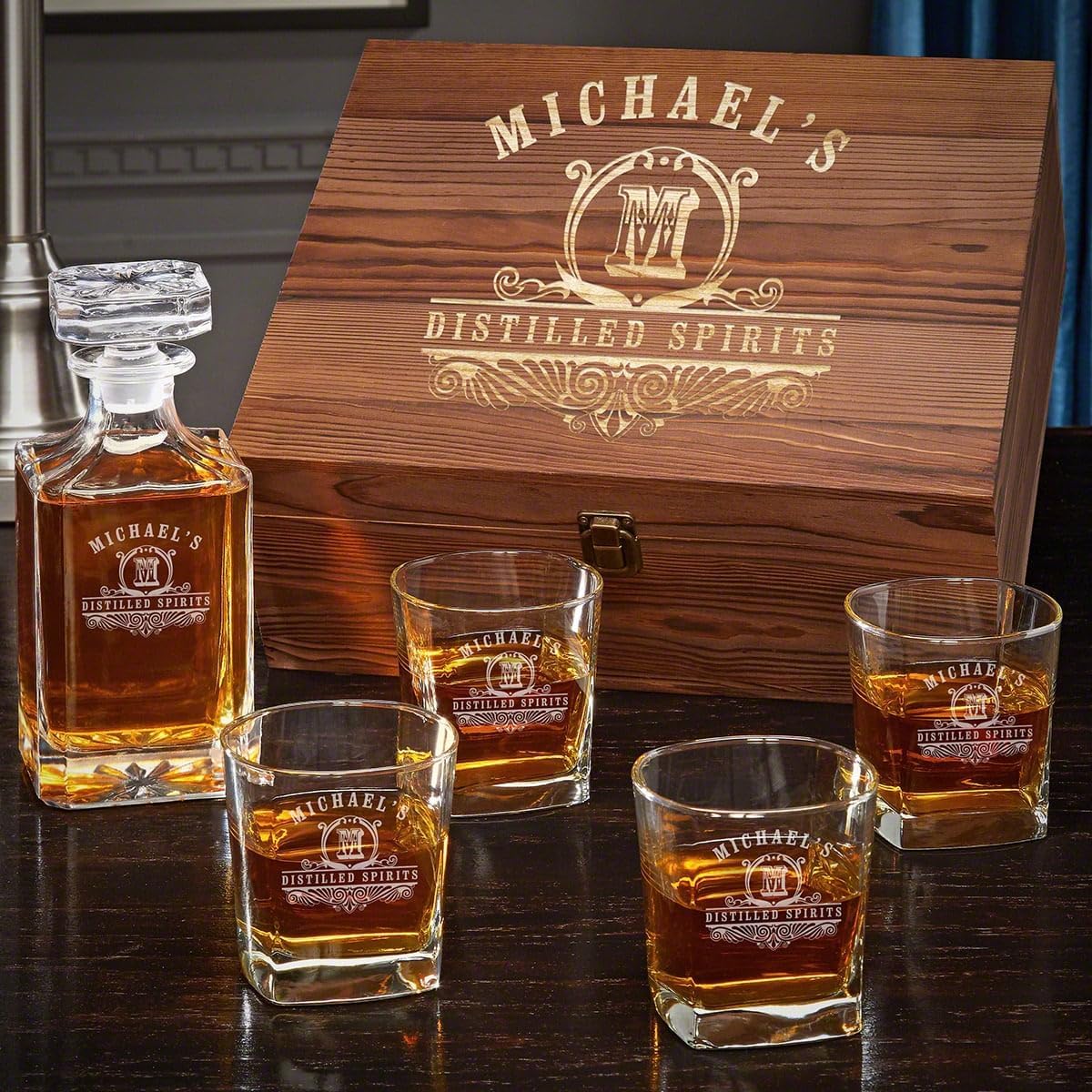 Juego de decantador de whisky personalizado con 4 vasos cuadrados de rocas, caja de regalo disponible