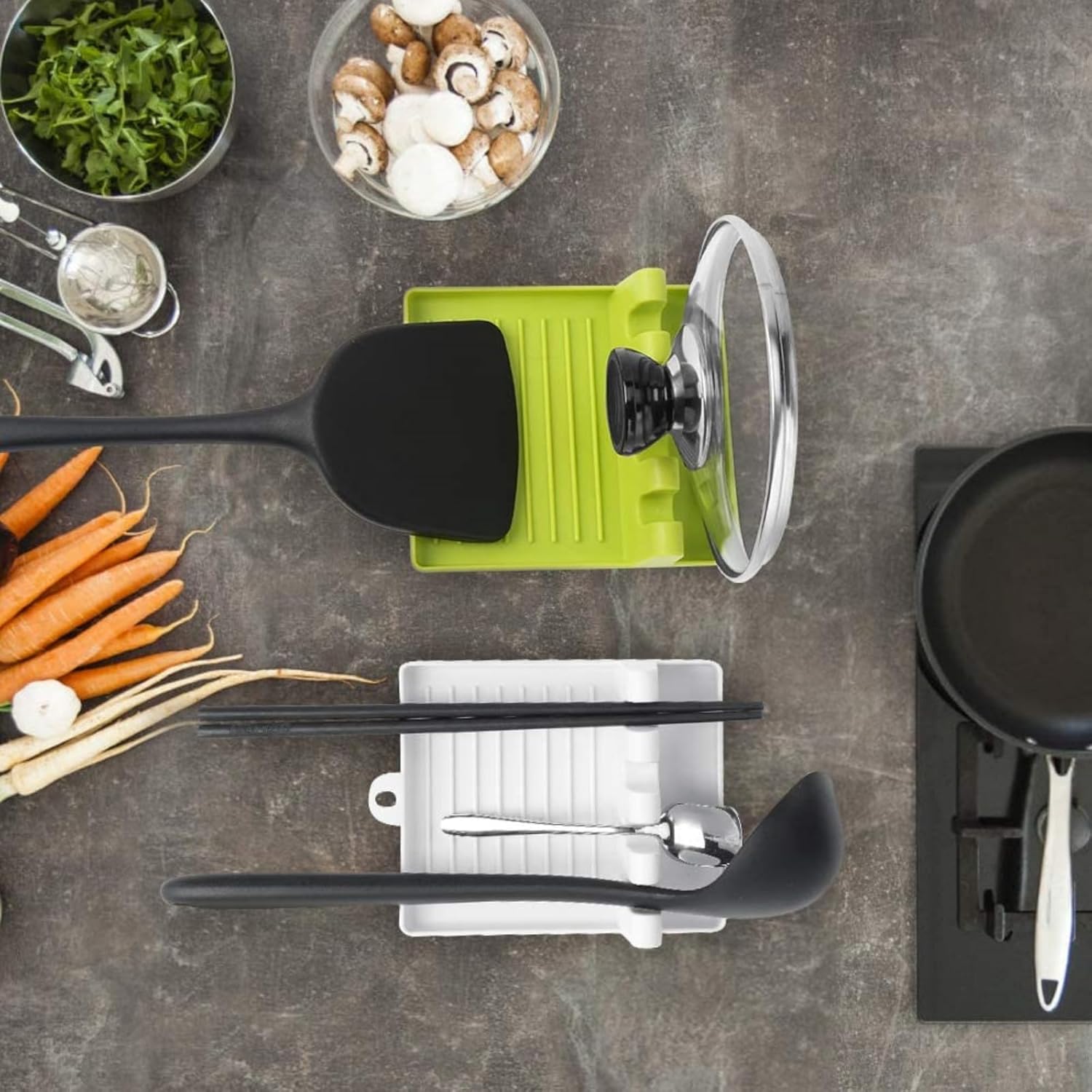 Soporte para cucharas, utensilios de cocina y cuchara de plástico con almohadilla de goteo profunda y soporte para tapa de olla, sin BPA y