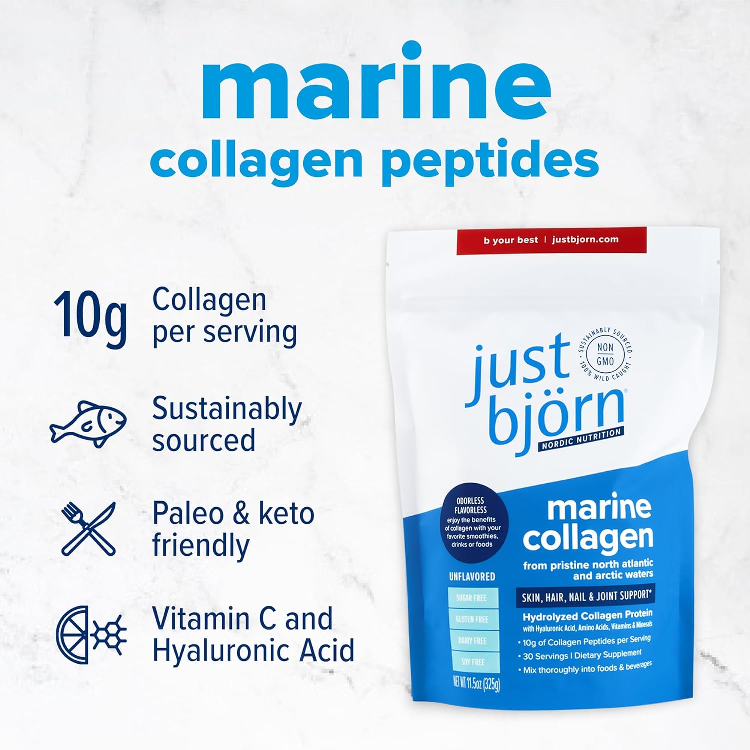 just björn Polvo de péptidos de colágeno marino sin sabor  Soporte para la piel, el cabello, las uñas y las articulaciones + ácido hialurónico,
