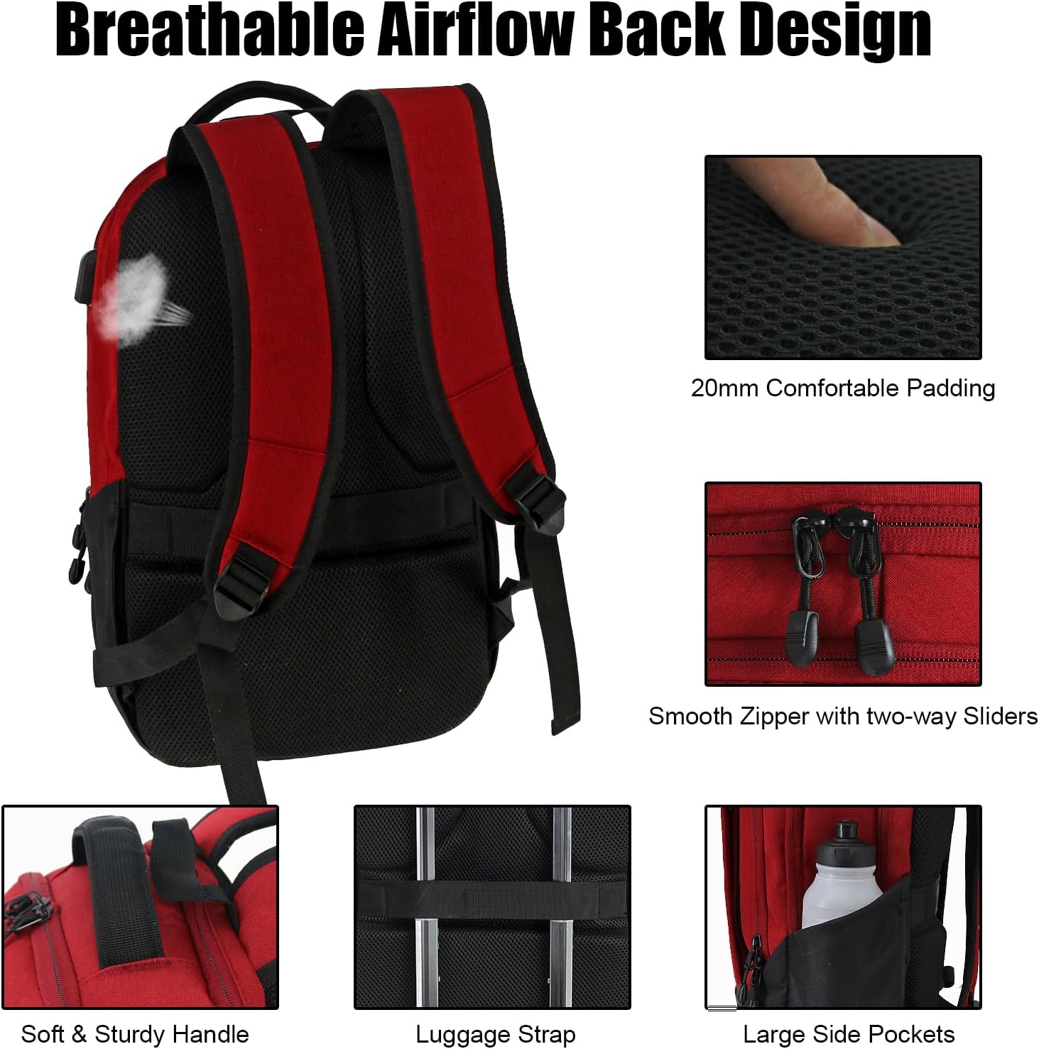 WOLT  Mochila para portátil de viaje, bolsa de negocios aprobada por avión con puerto de carga USB, se adapta a portátiles de 15.6 pulgadas, Rojo