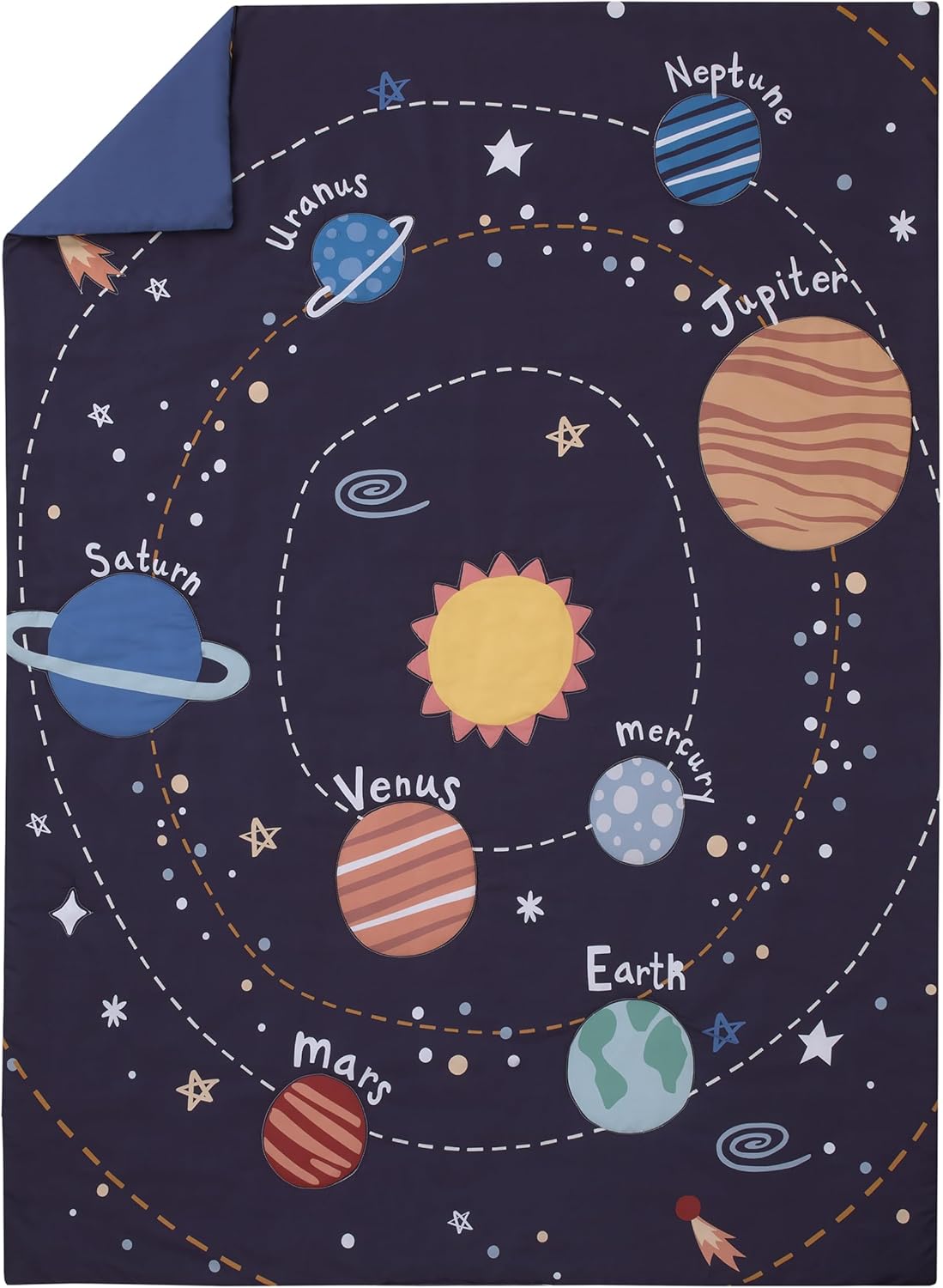 Everything Kids Solar System – Juego de ropa de cama infantil de 4 piezas, color azul marino, naranja y amarillo, edredón, sábana bajera ajustable,