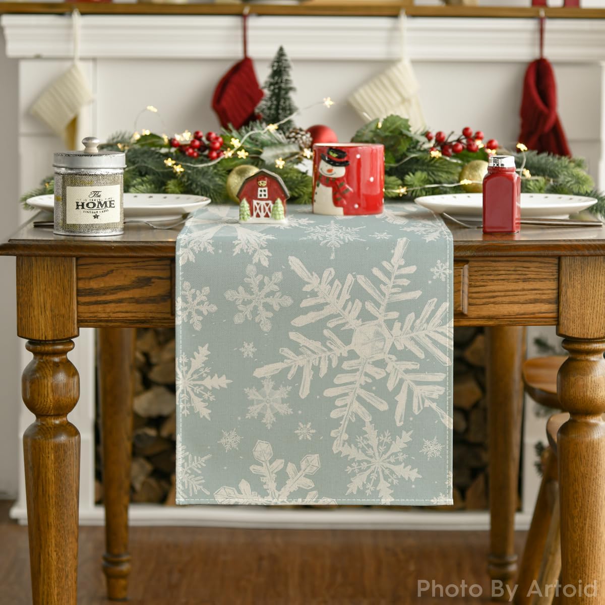 Artoid Mode Camino de mesa de Navidad con copos de nieve aguamarina, decoración de mesa de comedor para decoración de fiesta en el hogar, 13 x 72