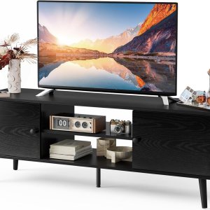 DUMOS Soporte de TV para TV de 55 y 60 pulgadas, centro de entretenimiento con gabinete de almacenamiento, mesa consola multimedia moderna de DUMOS Soporte de TV para TV de 55 y 60 pulgadas, centro de entretenimiento con gabinete de almacenamiento, mesa consola multimedia moderna de