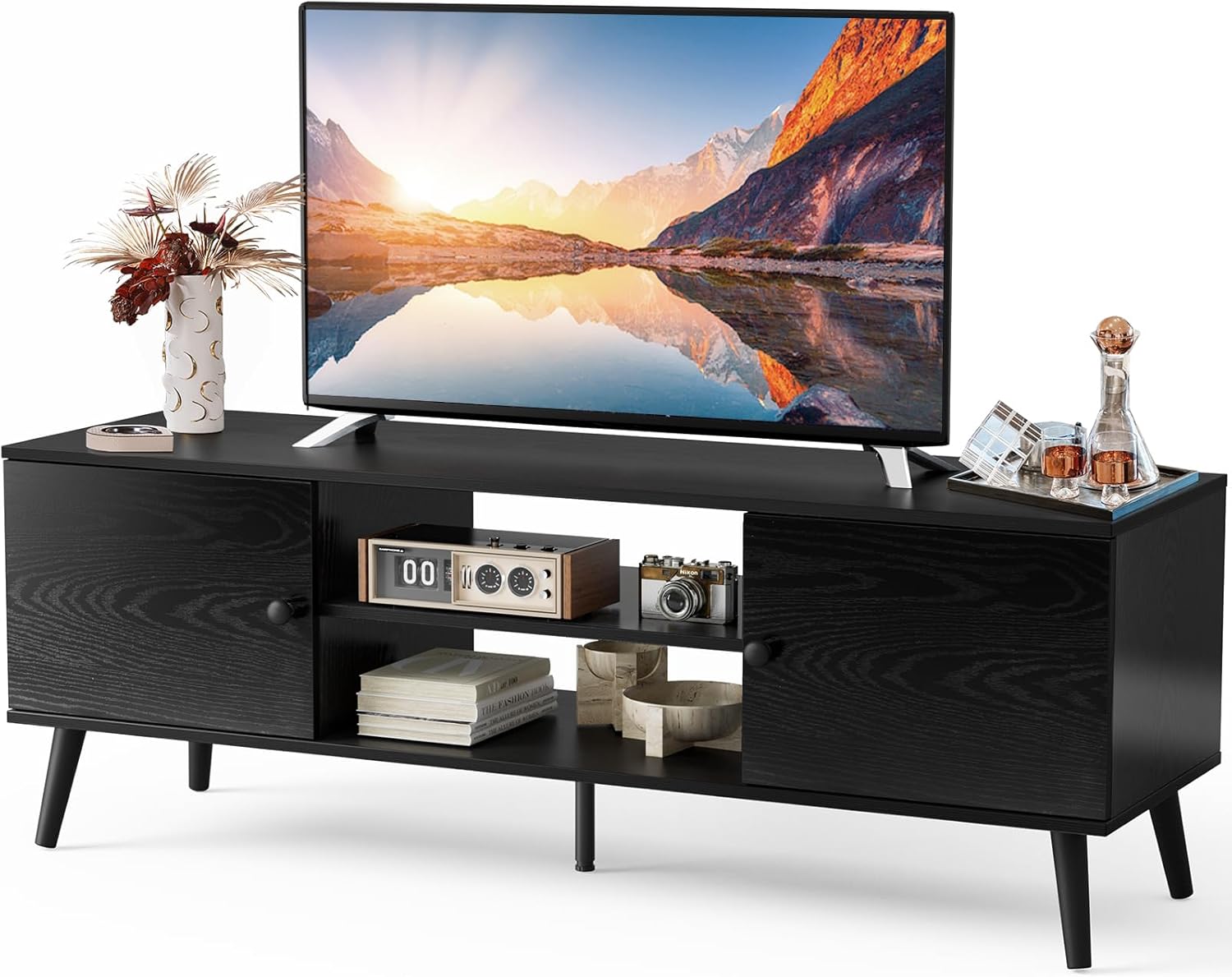 DUMOS Soporte de TV para TV de 55 y 60 pulgadas, centro de entretenimiento con gabinete de almacenamiento, mesa consola multimedia moderna de