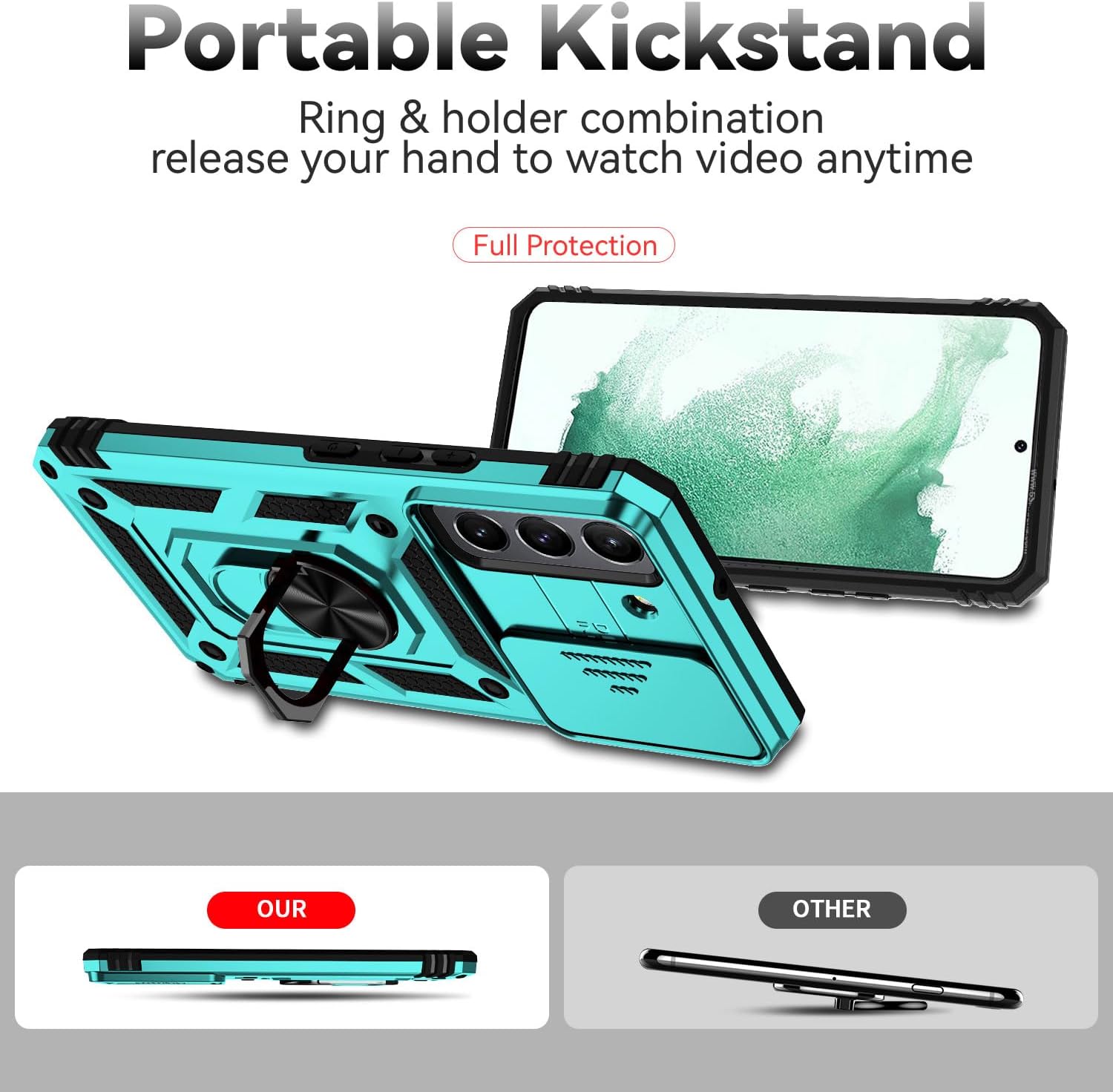 Funda para Samsung Galaxy S22 con cubierta para lente de cámara, protector de pantalla HD, doble capa de grado militar a prueba de caídas, soporte
