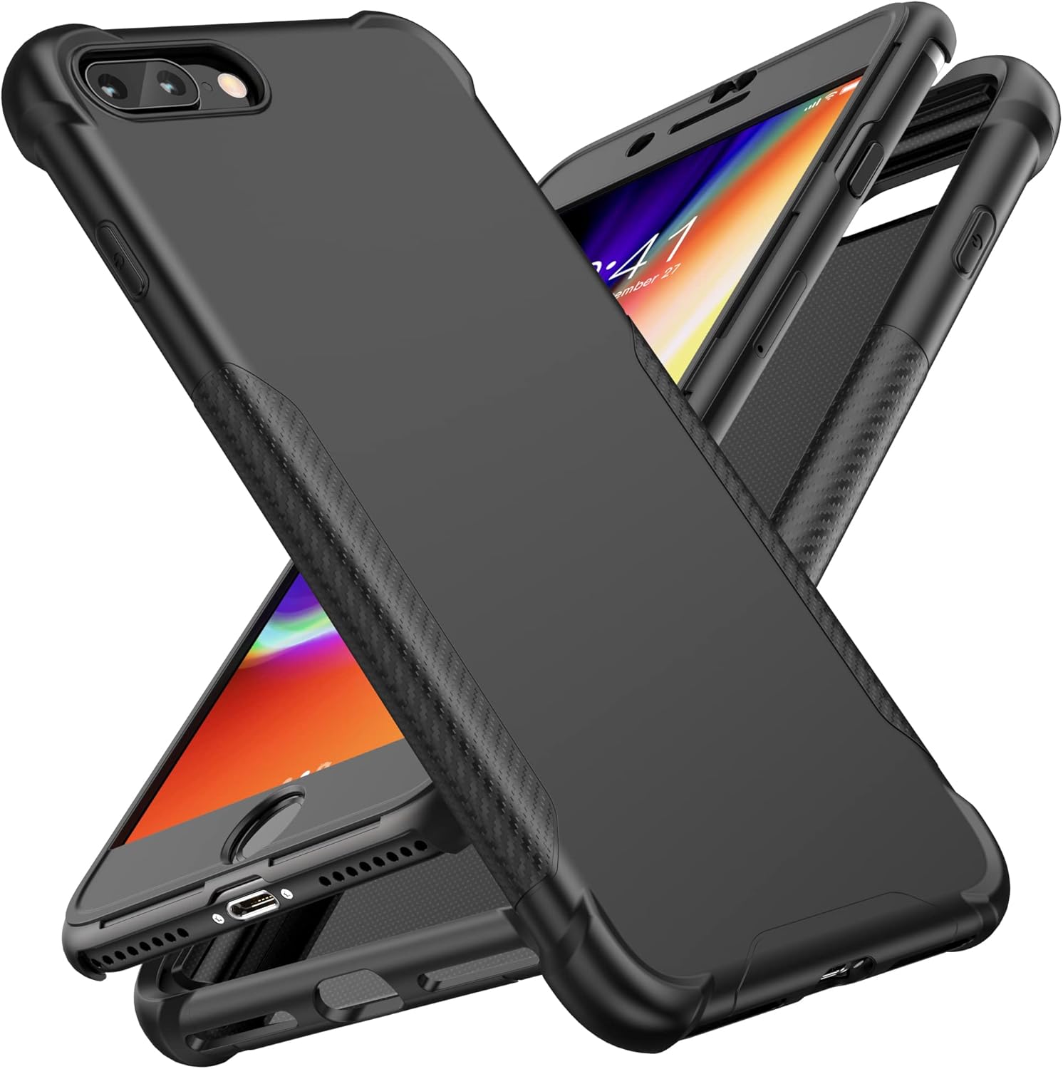 ORETECH – Funda diseñada para iPhone 7 Plus, diseñada para iPhone 8 Plus con 2 protectores de pantalla de vidrio templado, textura de fibra de