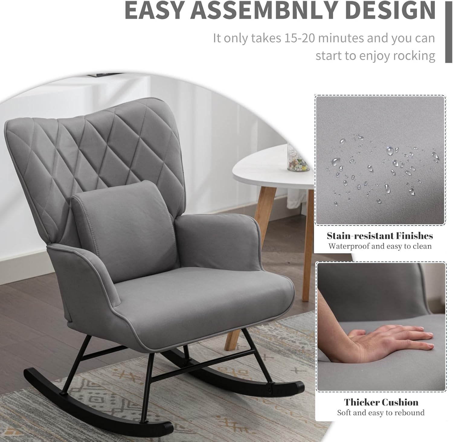 Mecedoras de guardería con silla tapizada de tela para guardería y sala de estar, silla de guardería incluye otomana y almohada lumbar, color gris