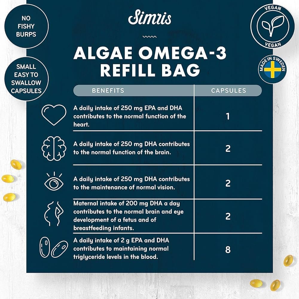 Algae Omega 3-180 Mini Cápsulas Blandas Premium  Suplemento vegano a base de plantas EPA DHA  Alternativa al aceite de pescado  para cerebro, ojos,