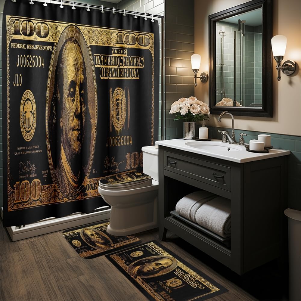 GUBIYU Juego de baño de billetes de 100 dólares de oro negro con cortina de ducha y alfombras de billetes, accesorios de baño geniales 4 piezas
