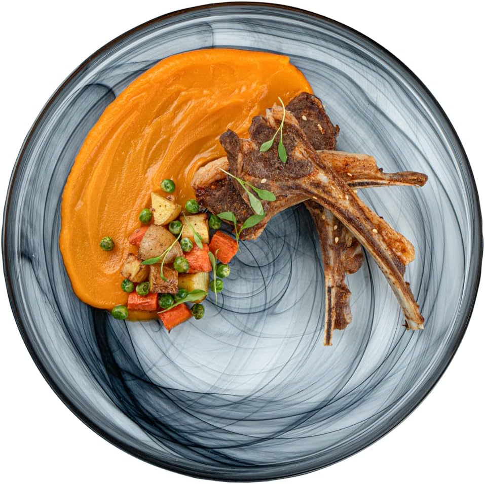 Restaurantware Vetri – Platos de vidrio de 11 x 11 x 1.2 pulgadas, 6 platos únicos y duraderos  Vajilla de alabastro de vidrio negro lavable con