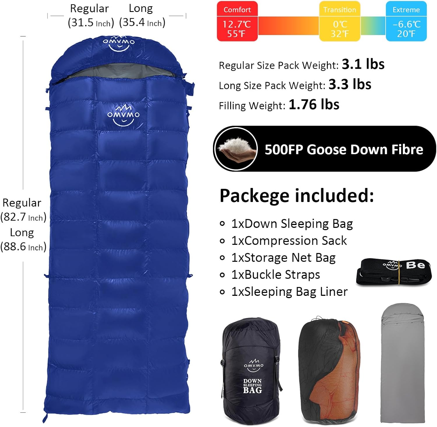 OMVMO Saco de dormir de 0 a 20 grados F para adultos, saco de dormir de fibra de plumón de 4 estaciones para mochileros, campamento, relleno de