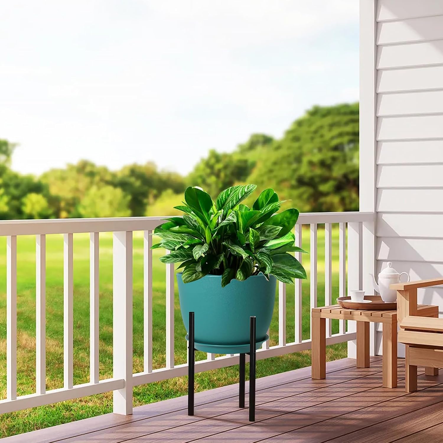 Macetas modernas grandes de plástico con agujeros de drenaje y platillos para plantas de interior y exterior, flores, verde malaquita