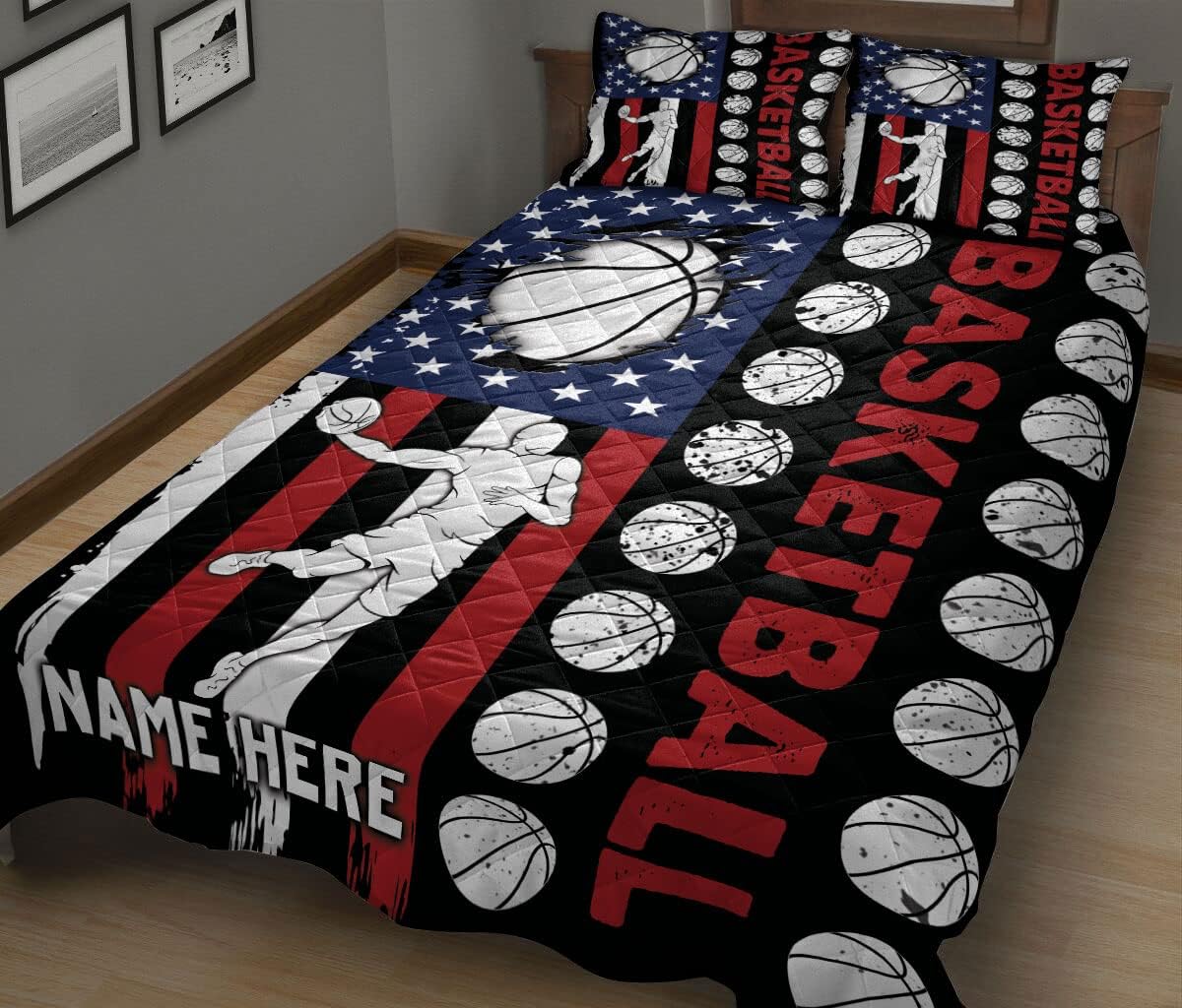 OhaPrints Juego de ropa de cama y fundas de almohada con diseño de bandera de jugador de baloncesto personalizados, regalos únicos con nombre