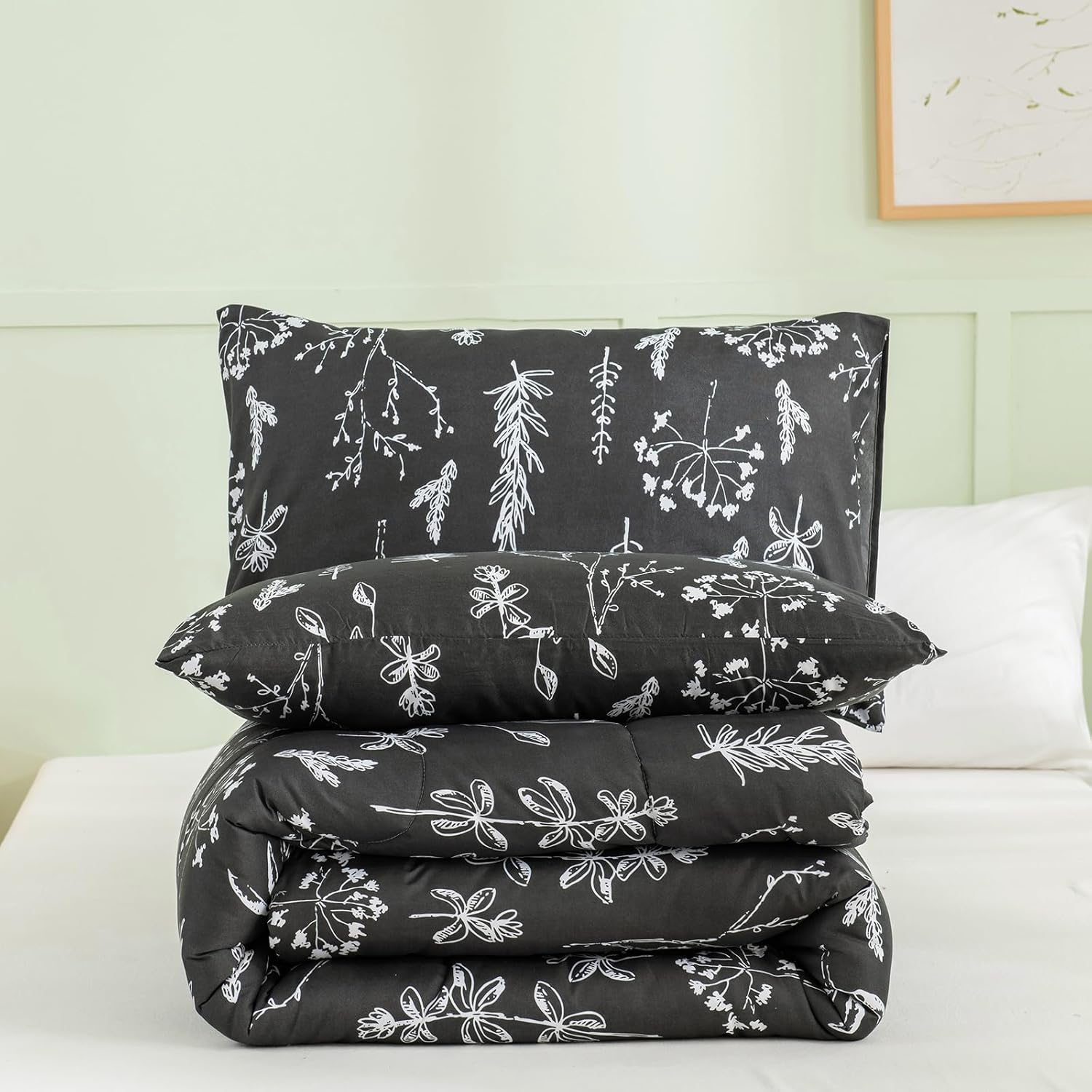 Herside Juego de edredón floral negro tamaño Queen, juegos de ropa de cama de granja, edredón floral suave y ligero con plantas, juego de ropa de