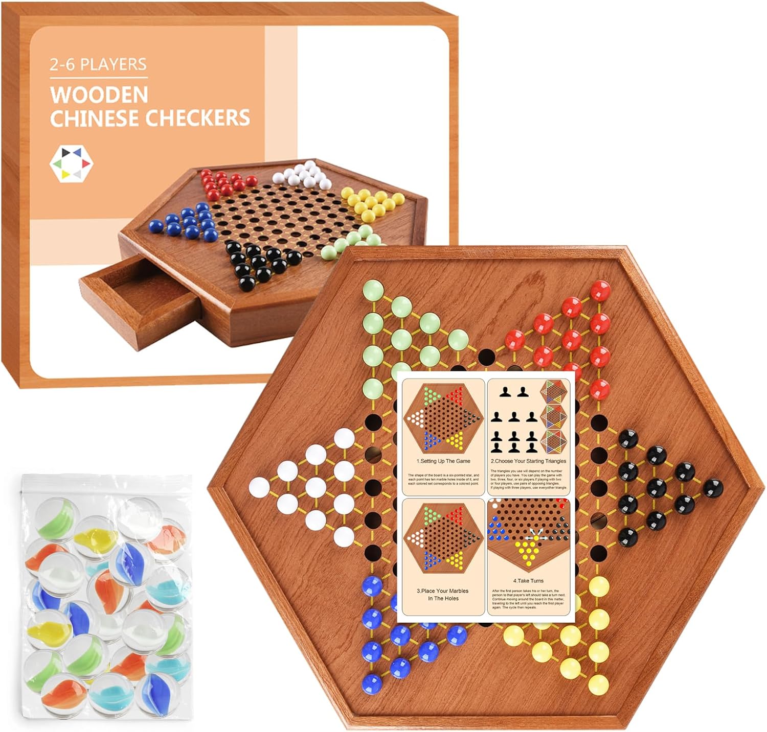 Juego de mesa extragrande de madera de 16.5 pulgadas con cajones, 120 canicas coloridas para hasta 6 jugadores, juego de estrategia clásico para