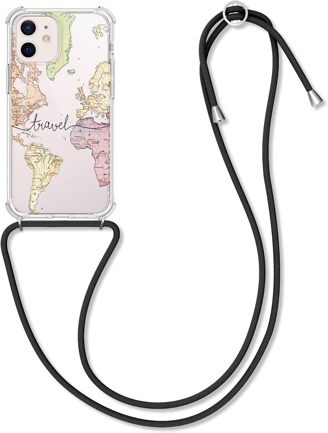 kwmobile Funda cruzada compatible con Apple iPhone 12 Mini, correa de viaje, color negro, multicolor y transparente