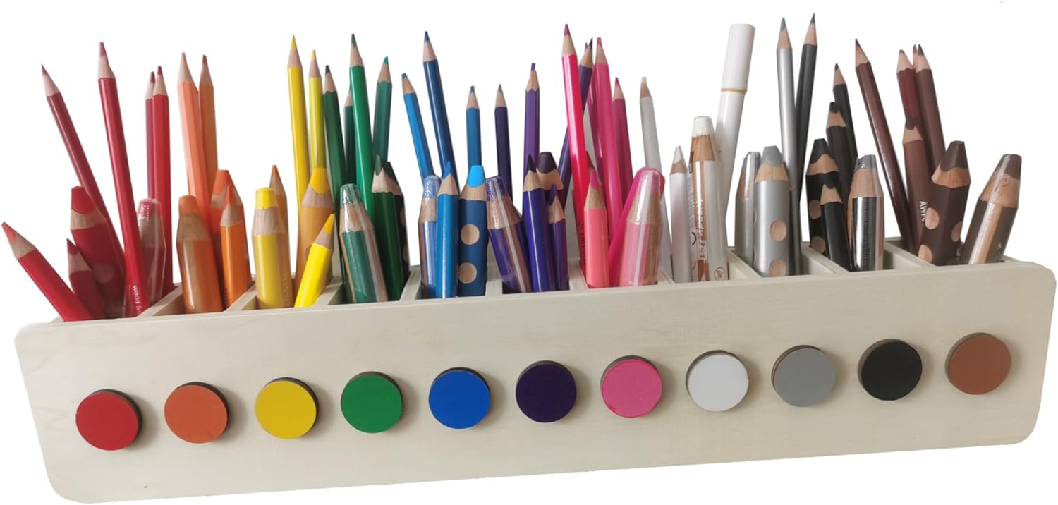 Montessori – Soporte para bolígrafos de madera para niños, organizador de escritorio de clasificación de colores para niños de jardín de infantes