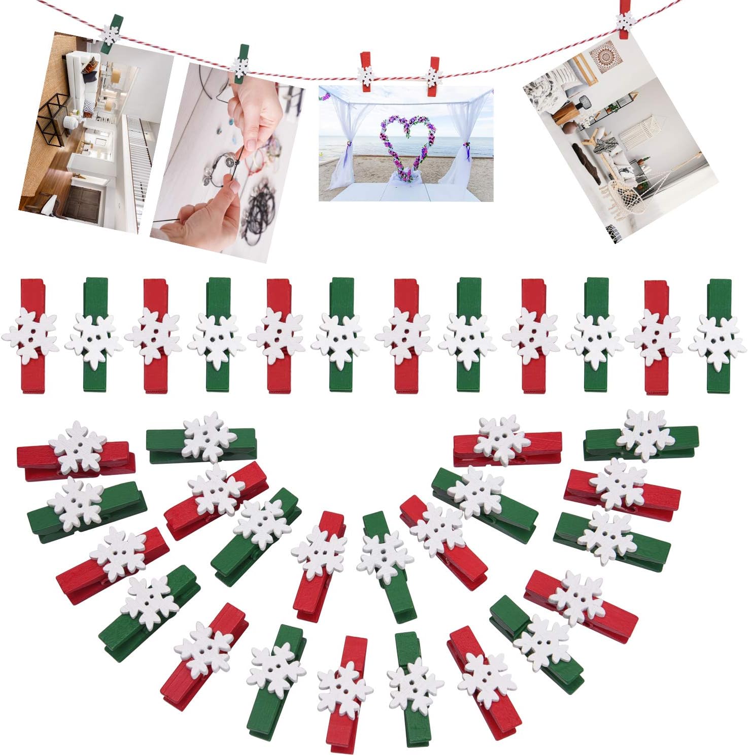 Clips de Navidad, 100 pinzas de madera de copo de nieve, pinzas rojas y verdes para decoraciones de fiesta de Navidad