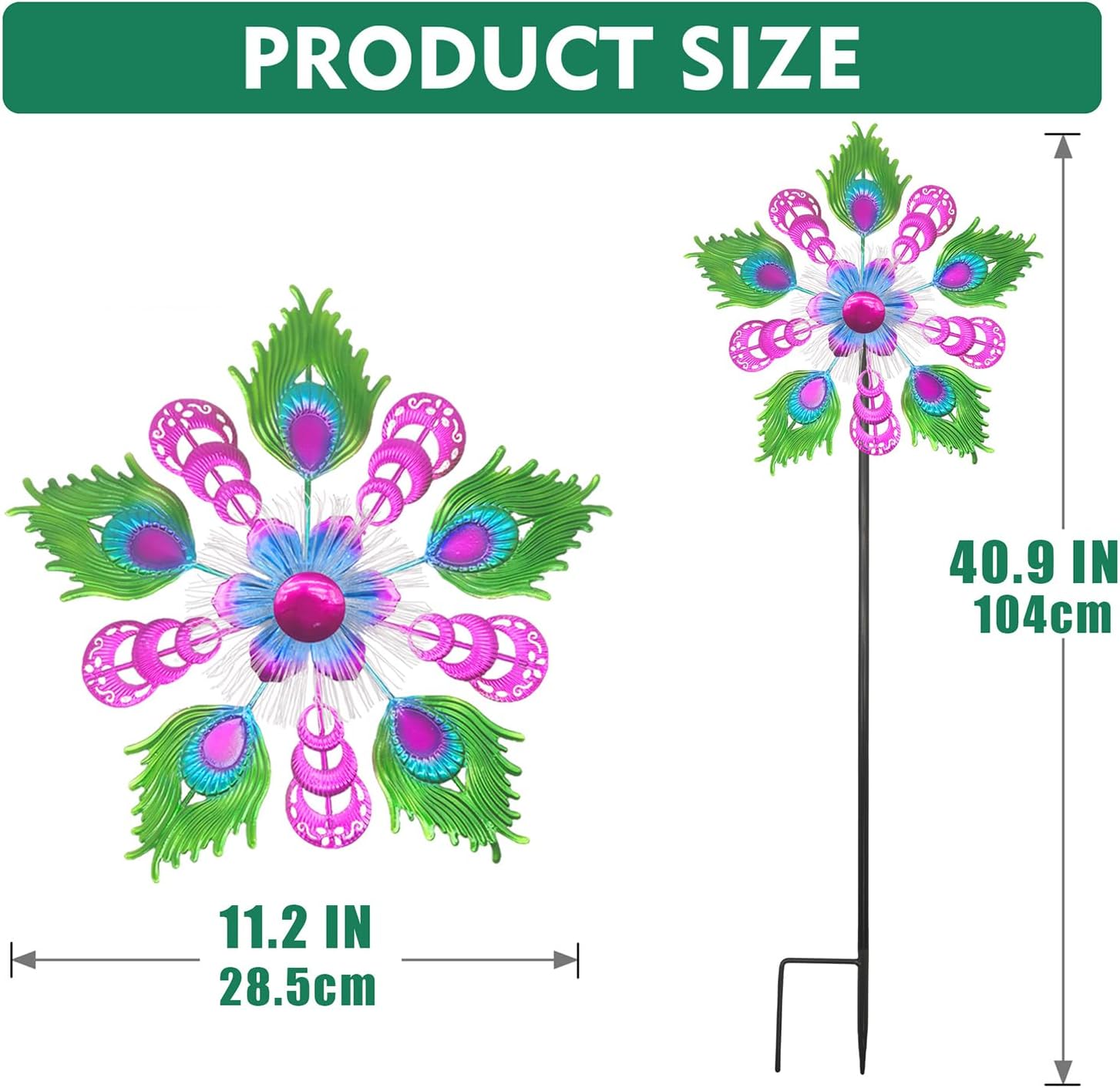 Molinillos solares de viento de pavo real para patio y jardín, escultura de viento de metal de 40 pulgadas, molino de viento cinético de jardín con