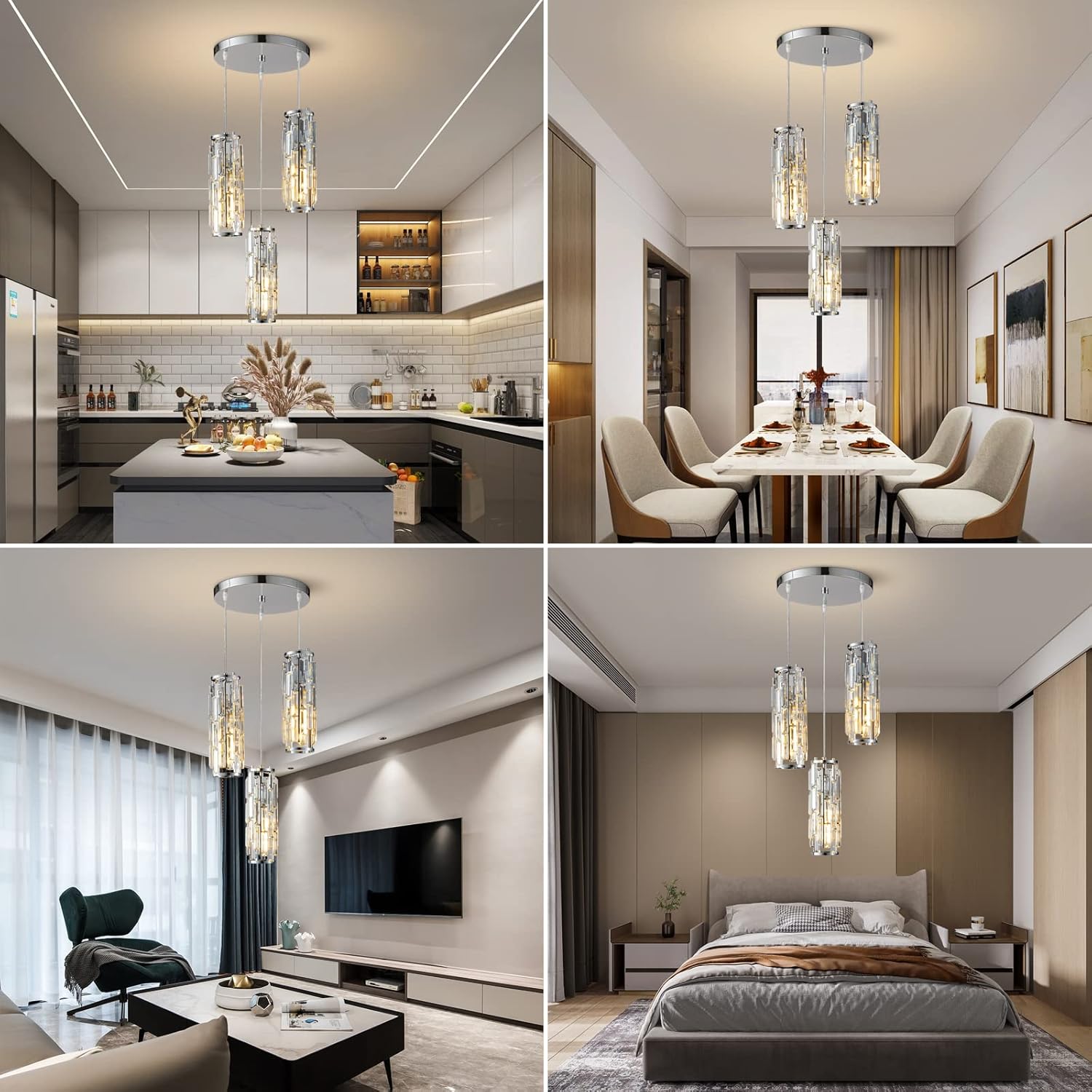 LMQNINE – 3 luces para iluminación colgante de cromo, lámpara colgante moderna, mini candelabros de cristal, lámpara colgante ajustable para cocina,