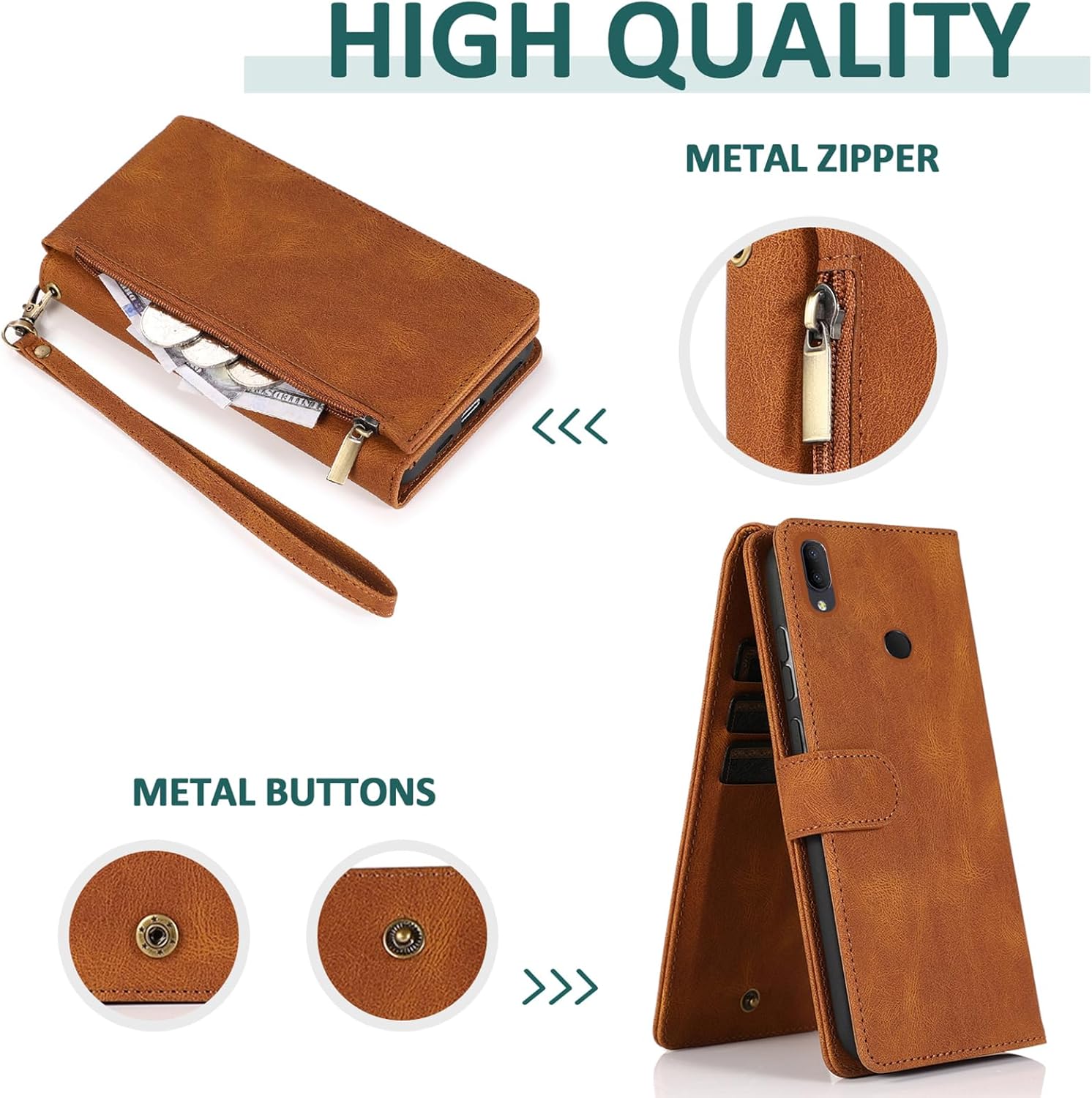 Compatible con Alcatel 3V 2019 – Funda tipo cartera de vidrio templado, protector de pantalla y cremallera de cuero retro, soporte para tarjetas,