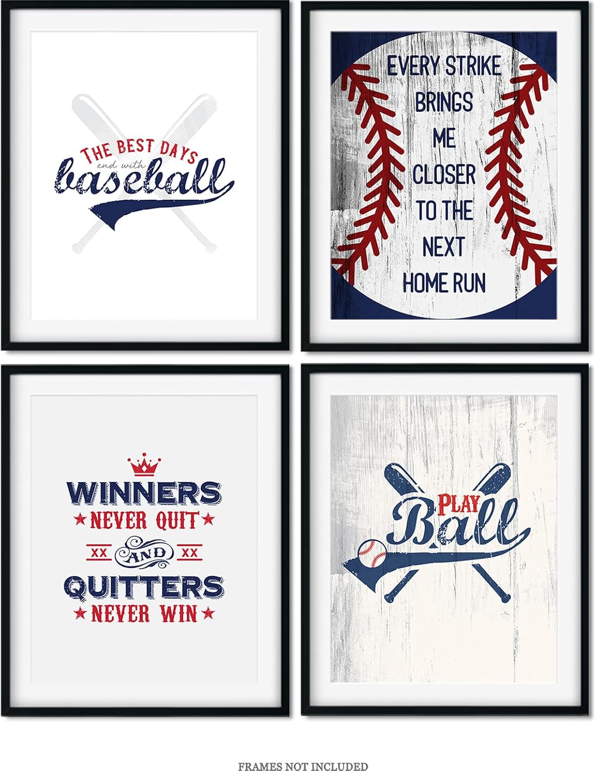 Govivo Arte de pared motivacional de béisbol, juego de 4 impresiones sin marco (8 x 10), arte inspirador de pared de béisbol para dormitorio de