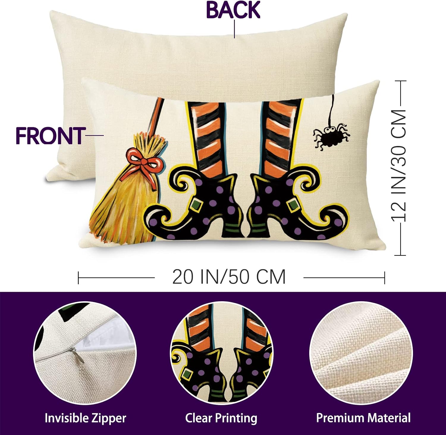 Funda de almohada decorativa lumbar con zapatos de bruja de Halloween de 12 x 20 pulgadas, escoba rectangular araña para decoración del hogar al