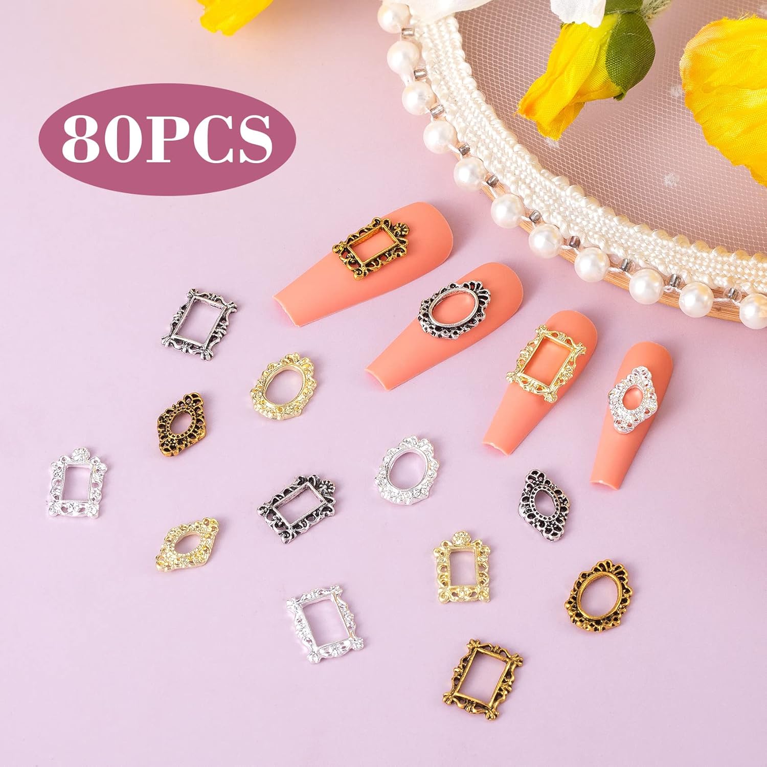 CHANZET 80 dijes de uñas de metal 3D, marco gótico para arte de uñas, joyas de uñas retro doradas y plateadas, decoración de uñas para mujeres y