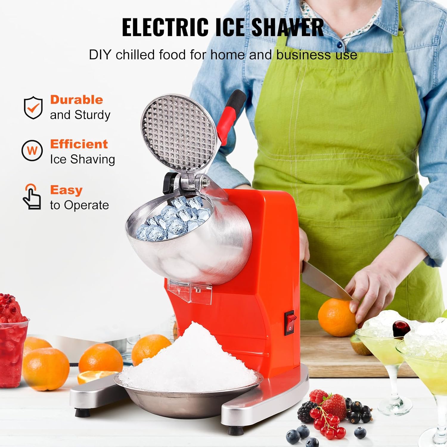 VEVOR Máquina trituradora de hielo, máquina eléctrica de cono de nieve de 220 libras por hora con 4 cuchillas, máquina de hielo afeitado de acero