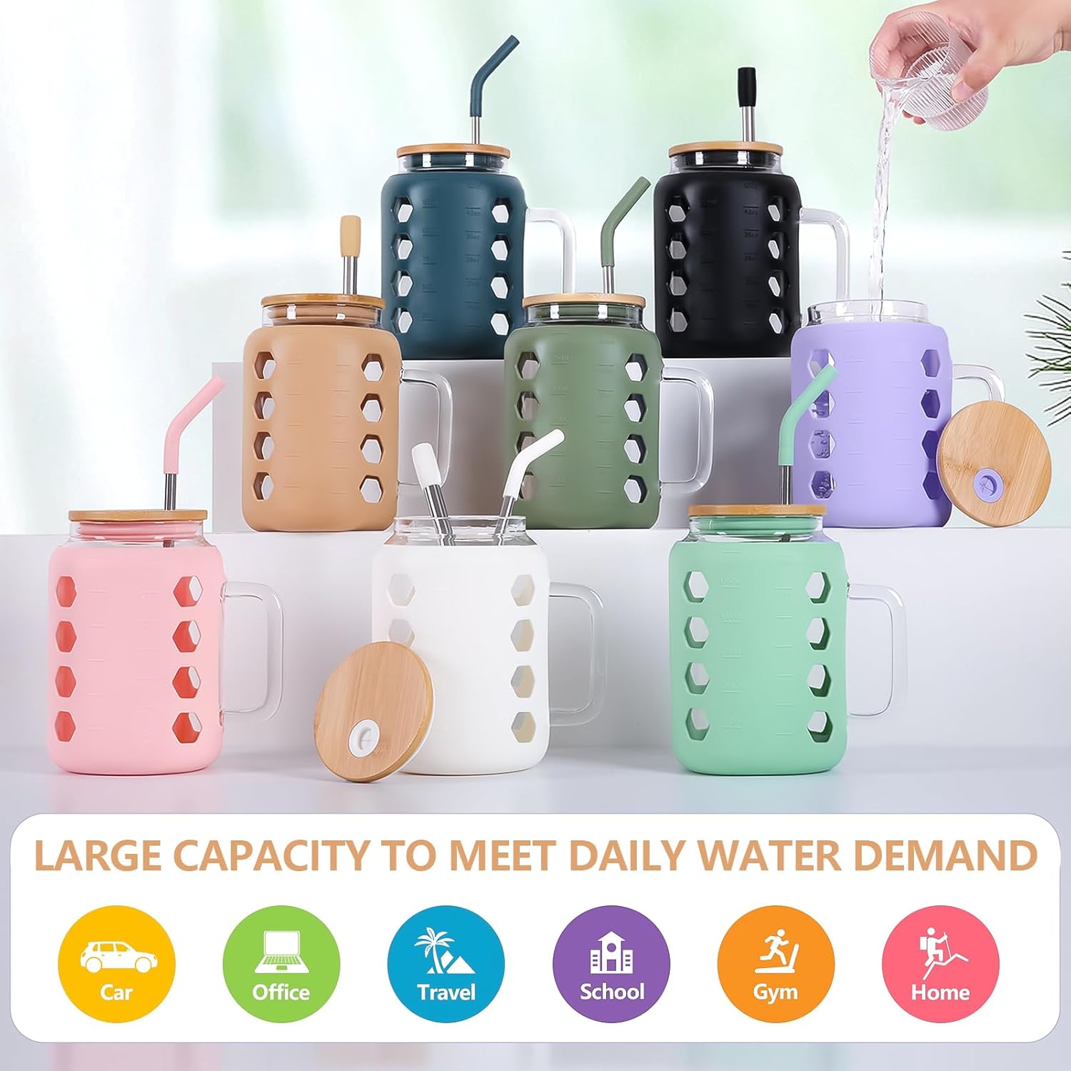 MUKOKO Vaso de vidrio con tapa de bambú y pajita, botellas de agua de vidrio de 50 onzas con marcador de tiempo, taza de café helado con asa, taza