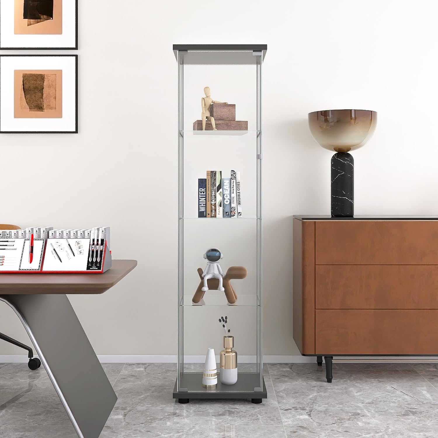 Yoluckea Gabinete de cristal, 4 estantes de cristal con puerta, gabinete de exhibición de cristal de la colección Curio Cabinet para oficina en