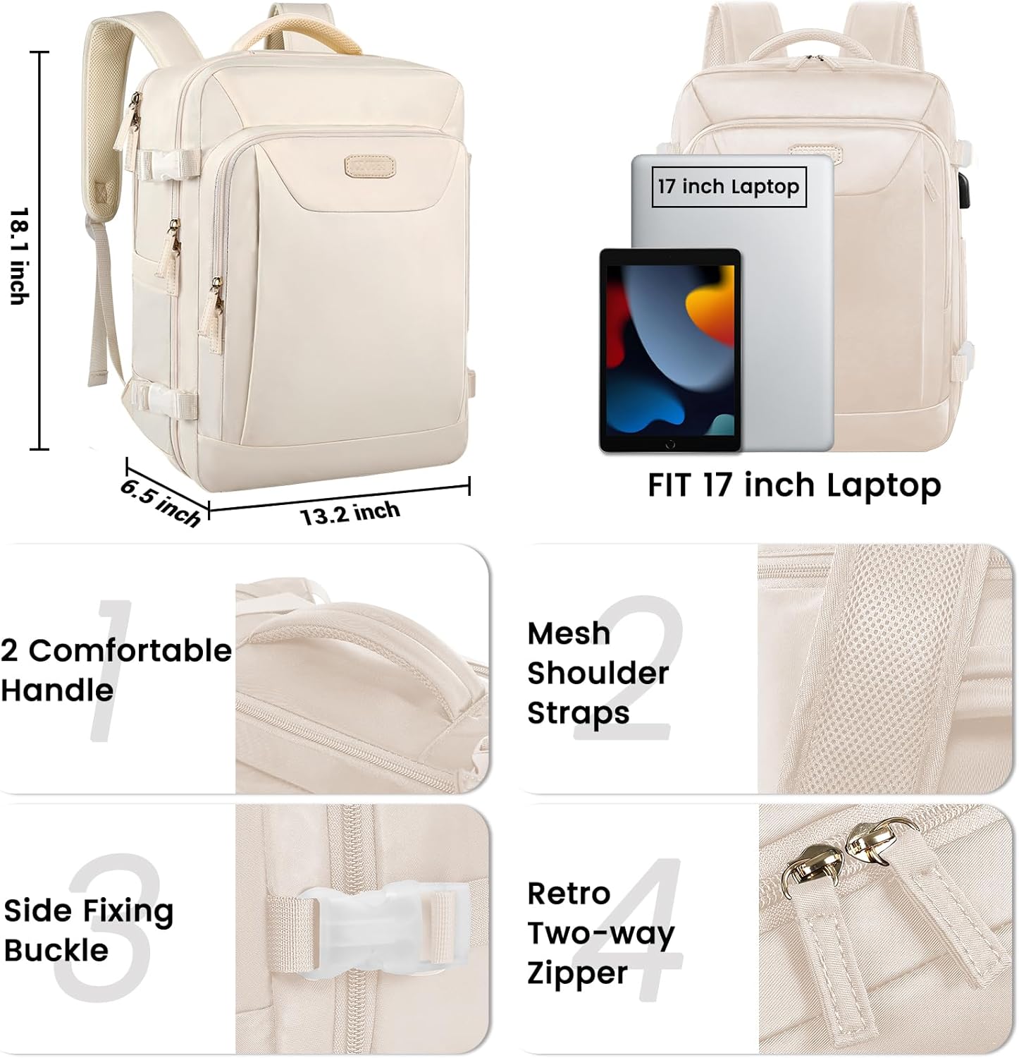 JCDOBEST Mochila de viaje grande, mochila de mano aprobada por vuelo para hombres y mujeres, mochila grande de senderismo, Beige, Mochila de viaje