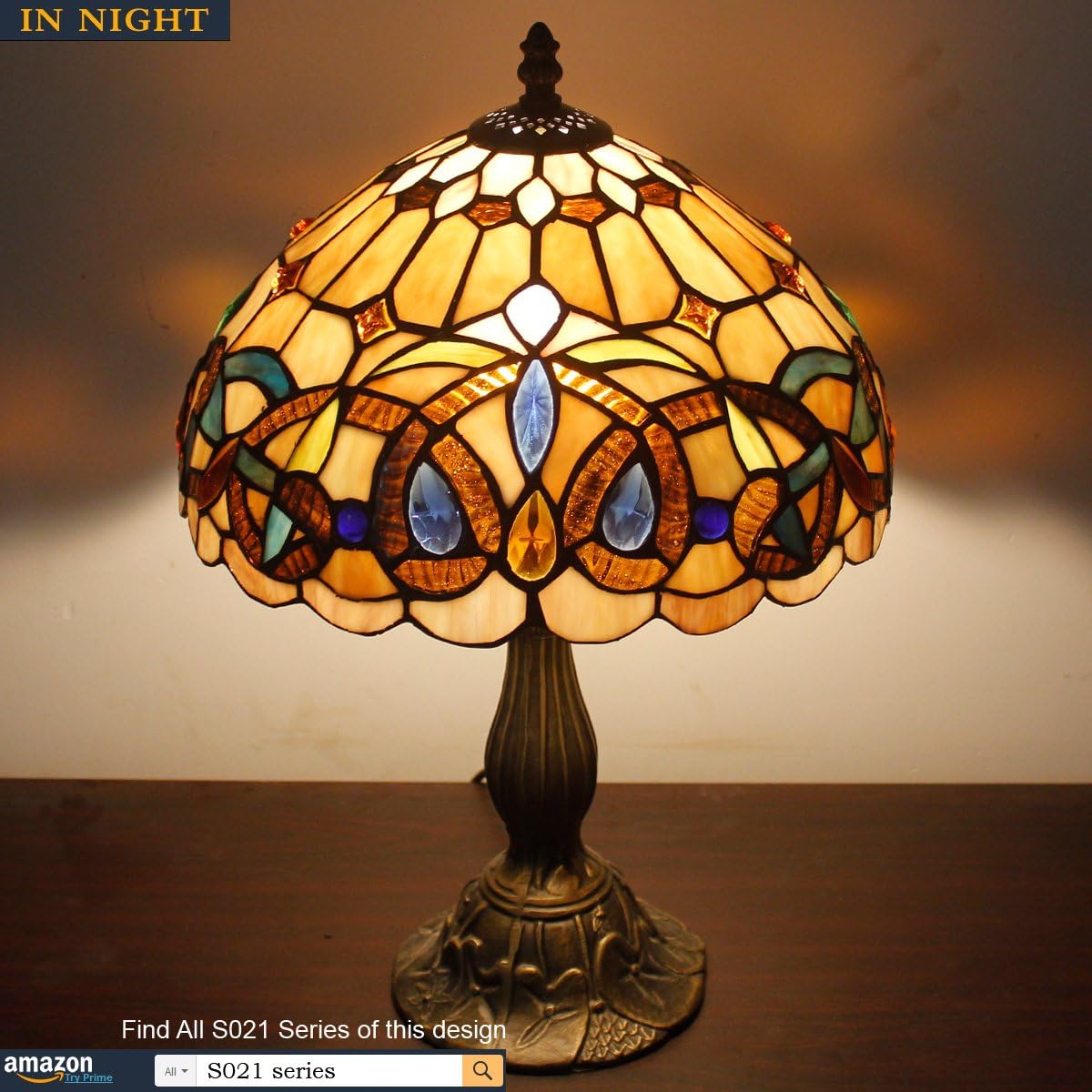 WERFACTORY Lámpara de mesa estilo Tiffany con vitrales de serenidad victoriana, lámpara de noche de escritorio, luz de lectura, 12 x 12 x 18