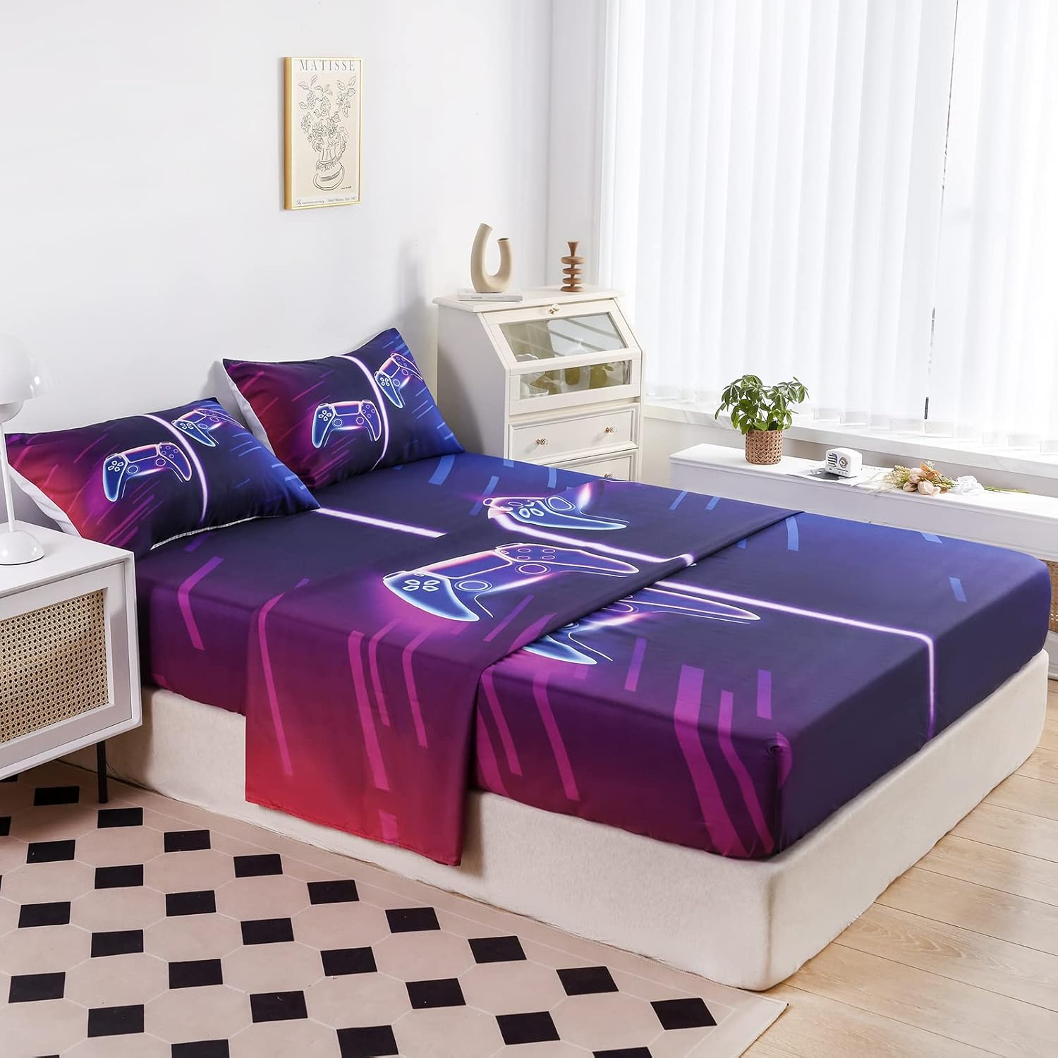 Juego de sábanas modernas de videojuegos, sábanas geniales para videojuegos, tamaño matrimonial, ropa de cama de 4 piezas, 1 sábana bajera, 1 sábana