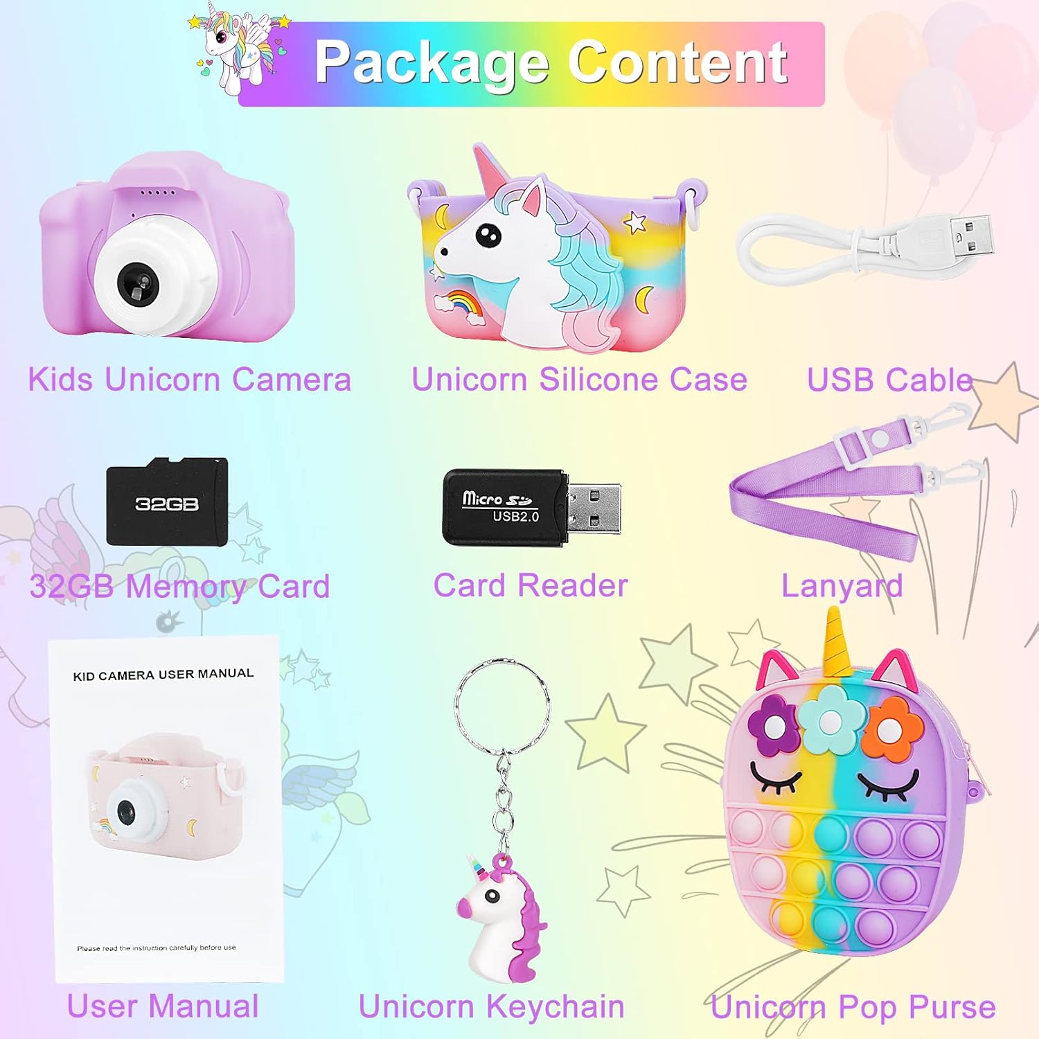 Unicorn Kids Camera for Girls, Christmas Birthday Gifts for Girls Age 3-8, HD Selfie Digital Video Camera for Toddler, Cute Toy Camera with 32GB SD