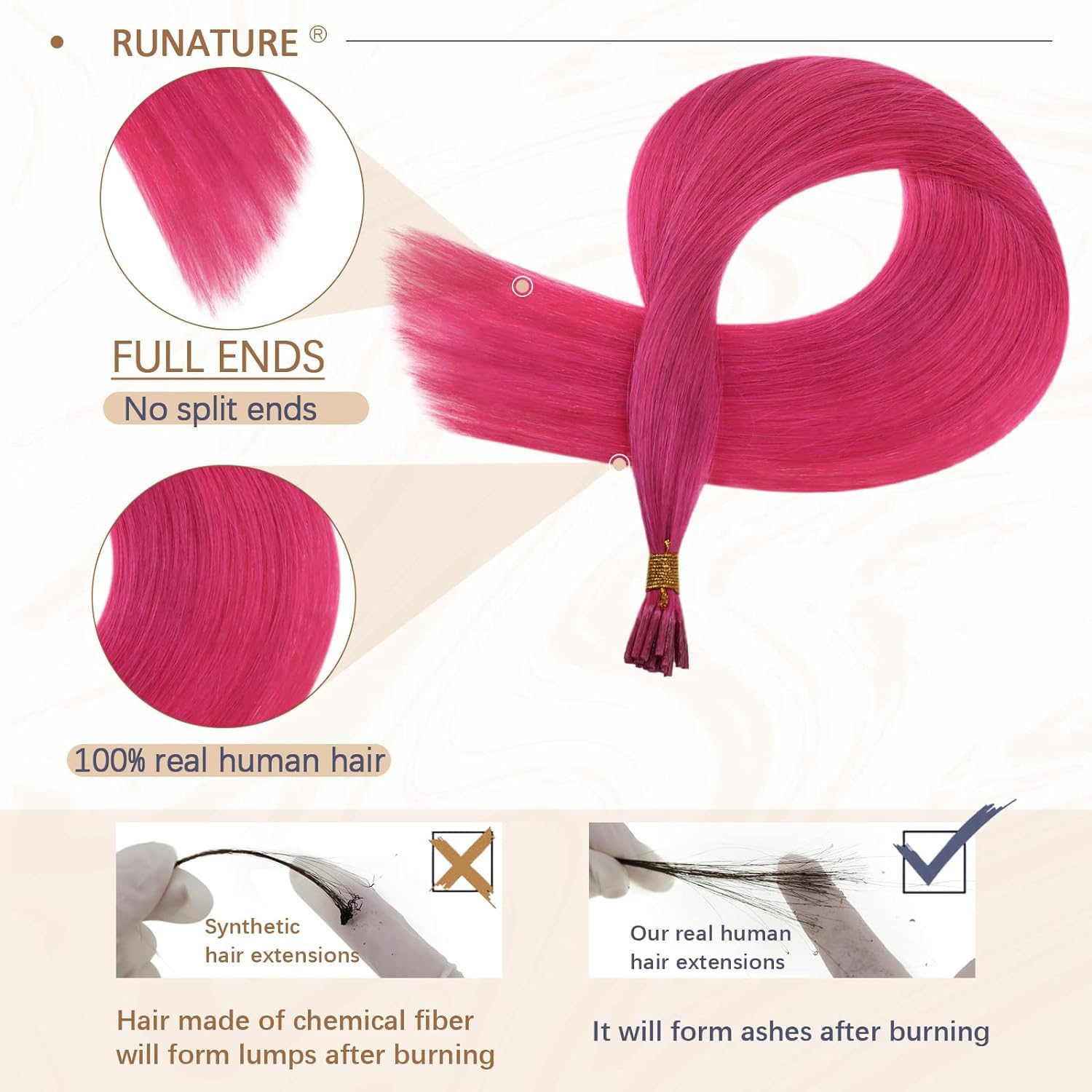 RUNATURE Extensiones de cabello humano rosa con punta en I de 20 pulgadas, extensiones de cabello rosa con punta en I, extensiones de cabello humano