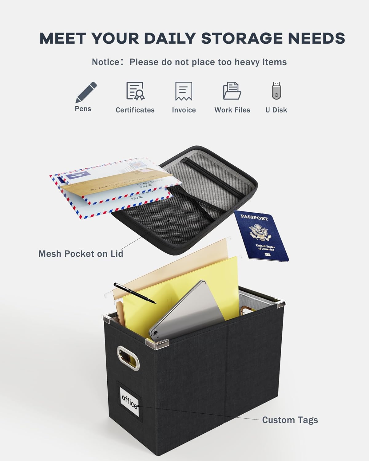 Oterri Caja organizadora de archivos con tapa, caja de archivos colgante con bolsillo de malla, caja organizadora de documentos para archivos de