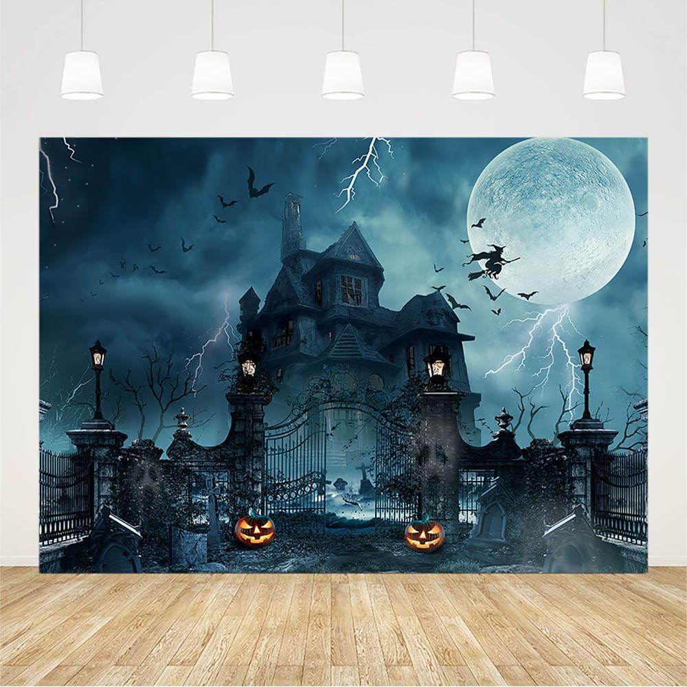 Telón de fondo de Halloween de 7 x 5 pies para fotografía, noche de Halloween, puerta de hierro, castillo de bruja, casas encantadas, luna,