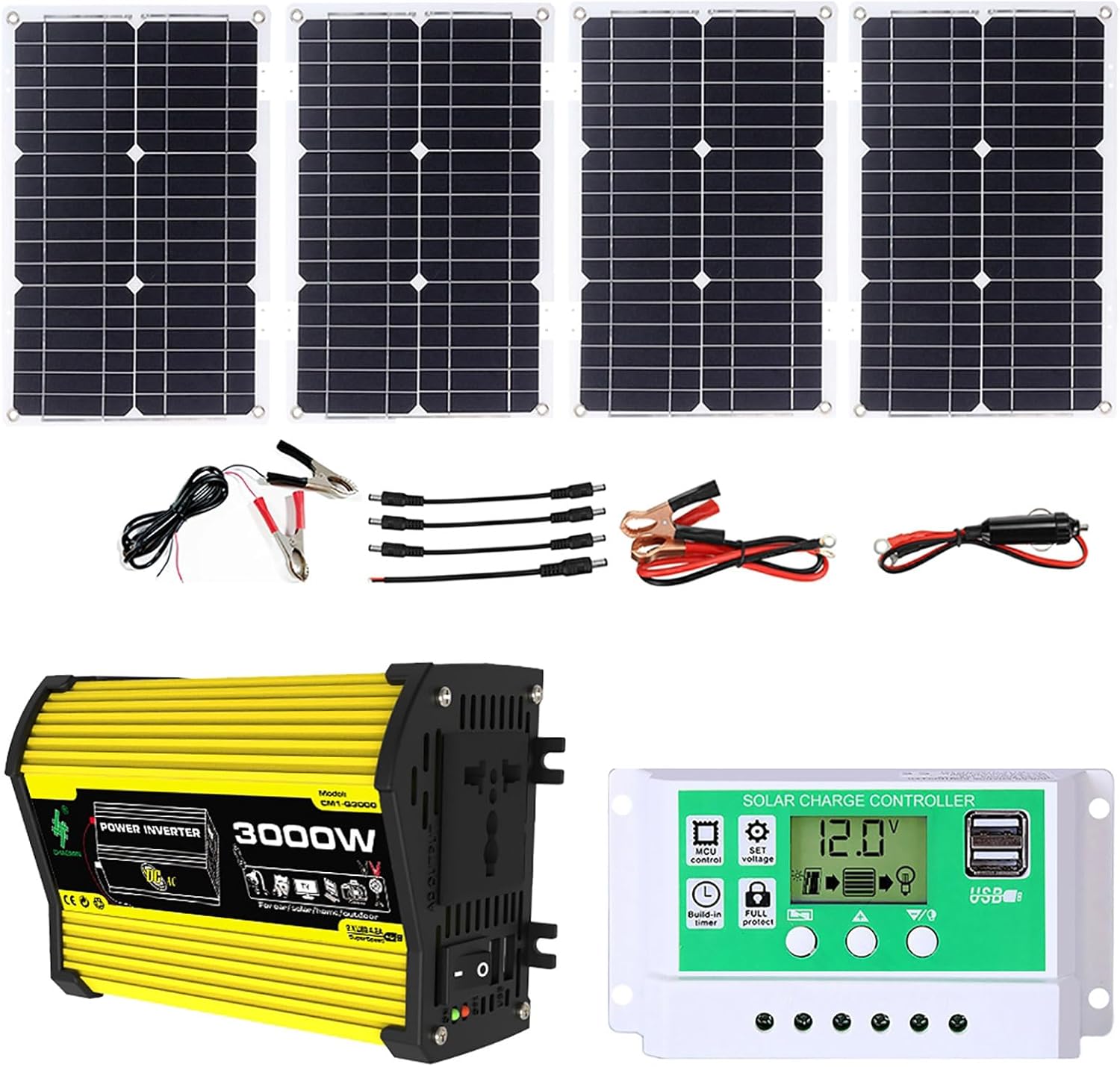 CANEVE Kit de inversor de sistema solar de 3000 W, panel solar plegable impermeable de 100 W, controlador de potencia de 12 V a 110 V220 V50A,