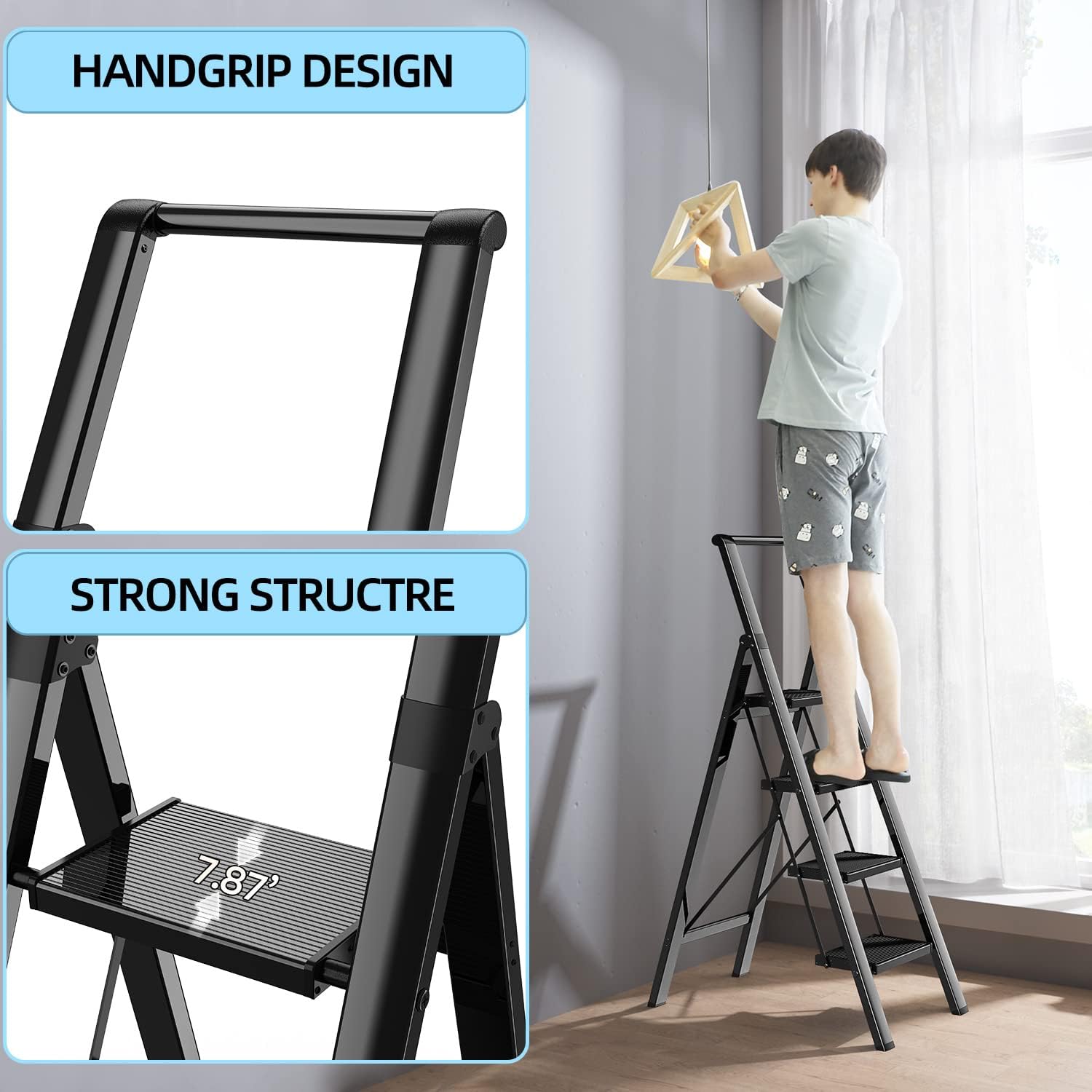 GameGem Escalera de 4 escalones, taburete plegable de aluminio con pedal antideslizante resistente y ancho, escalera de mano ligera y portátil con