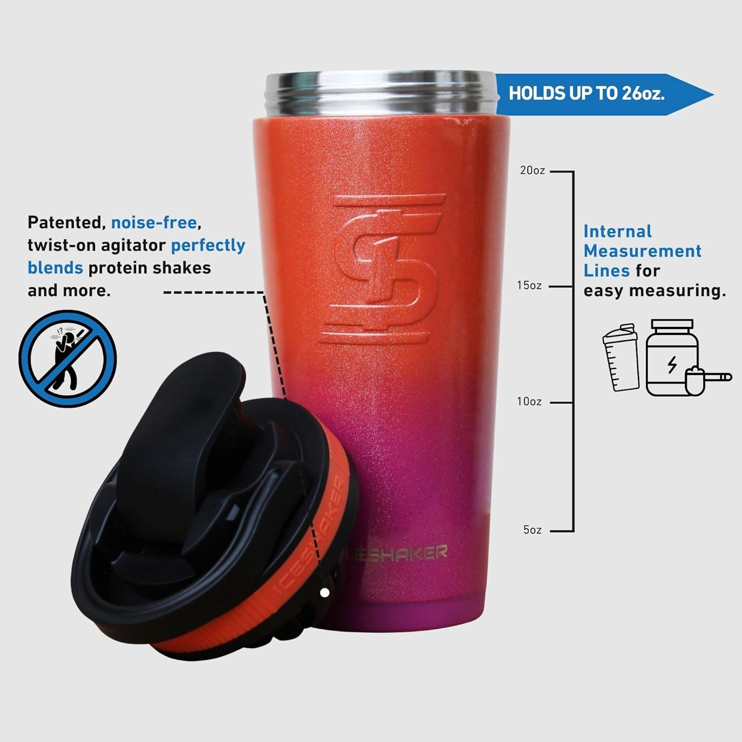 Ice Shaker Botella agitadora de 26 onzas, botella de agua de acero inoxidable y mezclador de proteínas, como se vio en Shark Tank, botella de agua