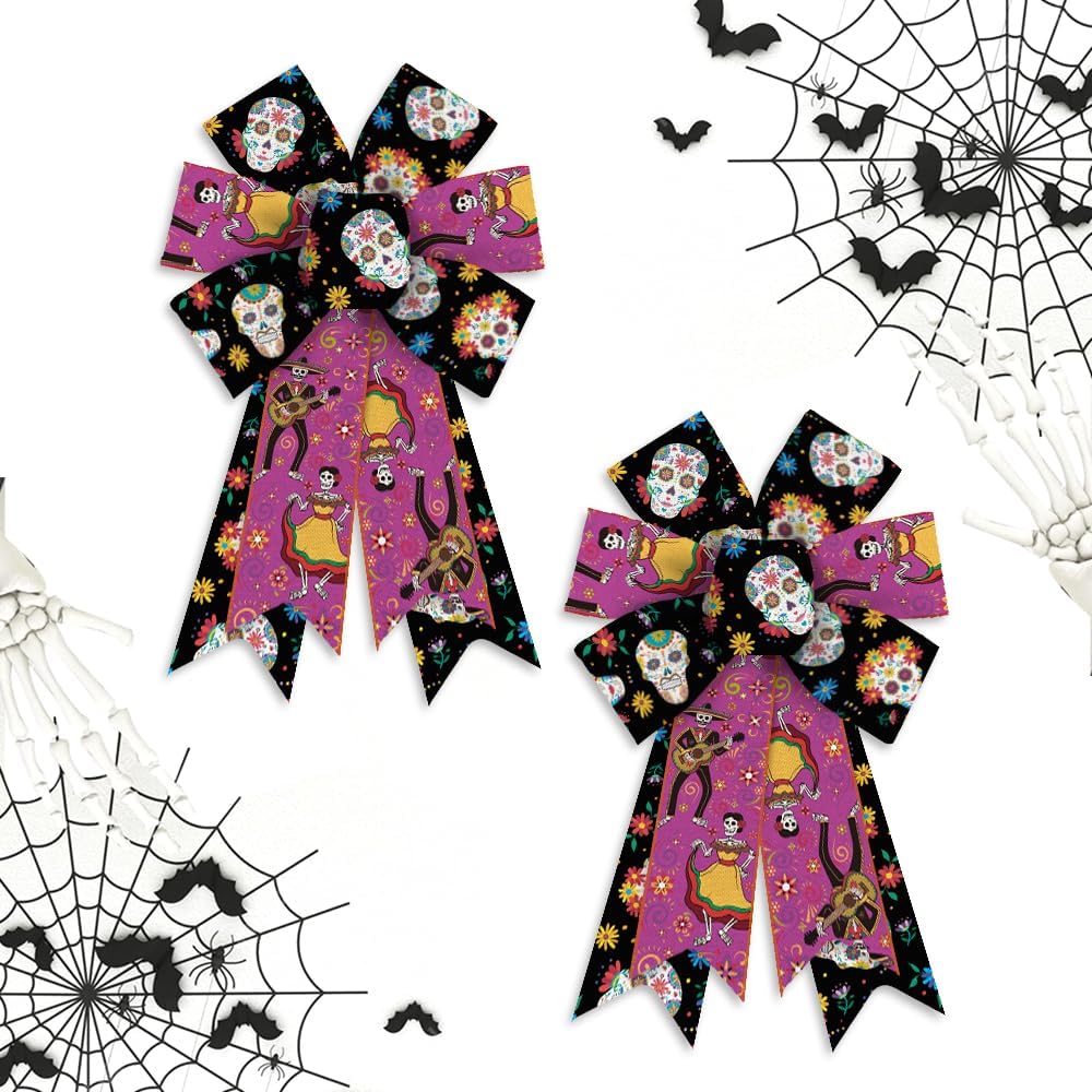 Hying 2 lazos para corona, diseño de esqueleto mexicano, arco de arpillera rojo y negro, lazos de arpillera para el Día de los Muertos México, lazos