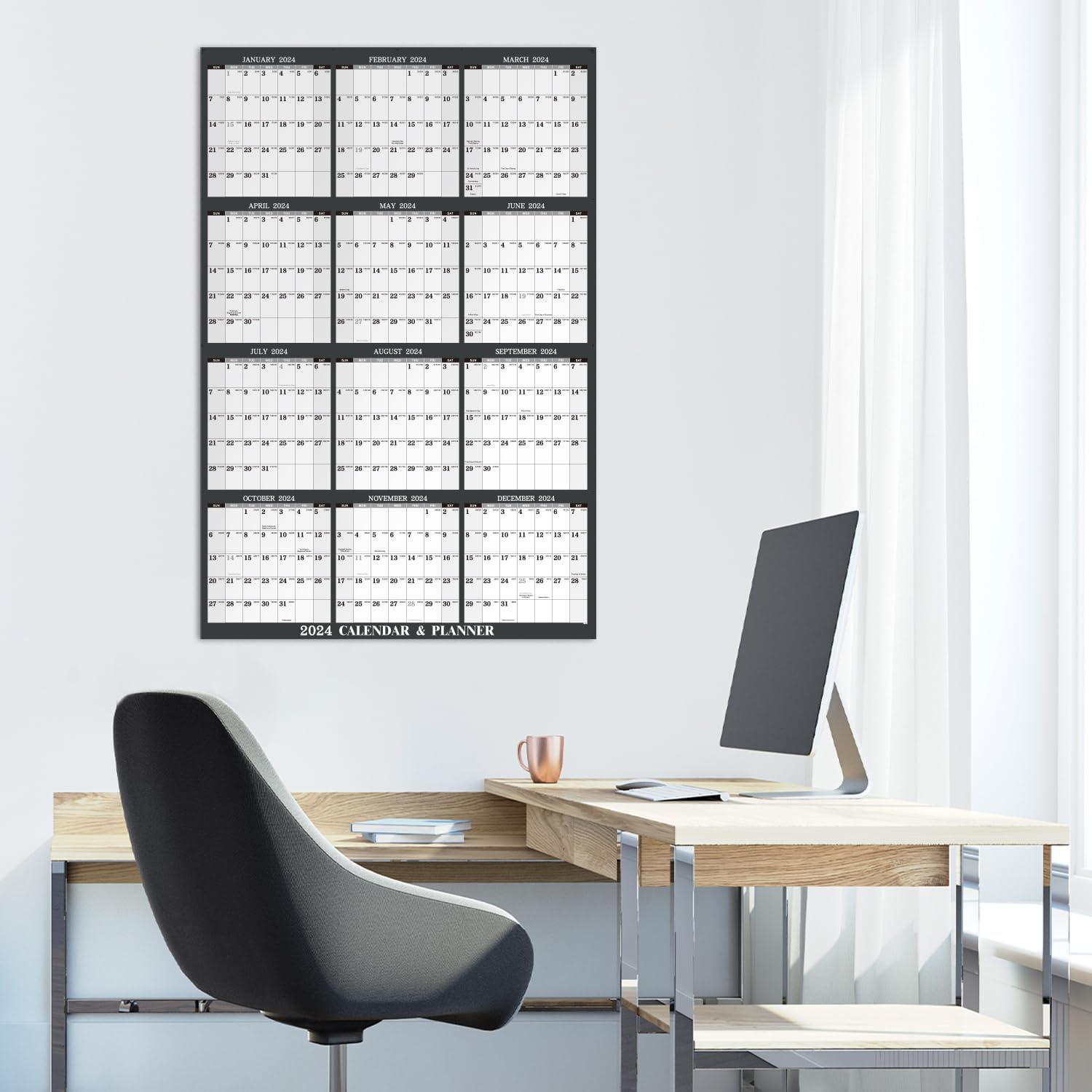Calendario anual de pared 2024, calendario de pared 2024, calendario de pared grande de 34.8 x 22.8 pulgadas, enero de 2024 a diciembre de 2024,