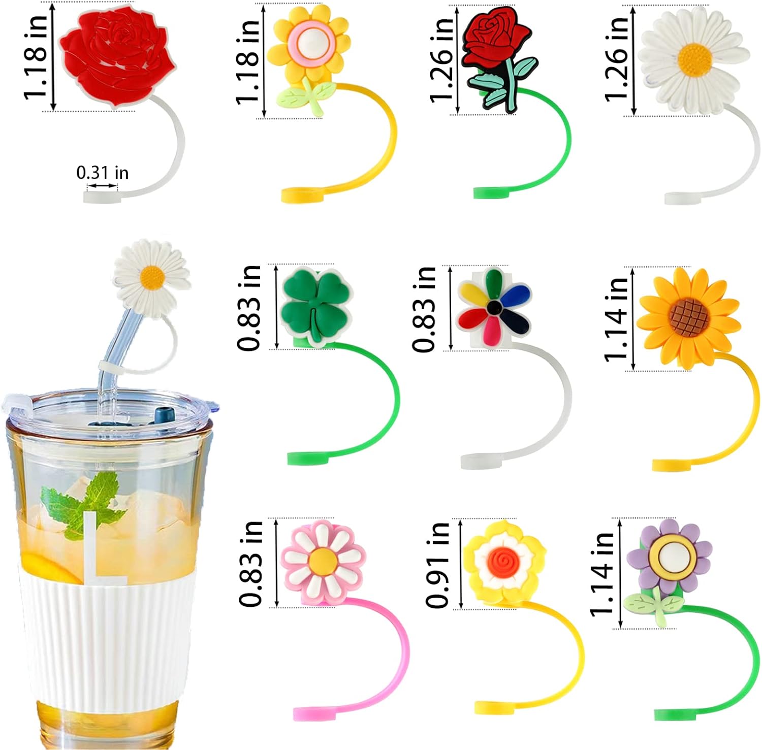 Funda de popote de silicona, 10 tapas de punta de paja reutilizables, tapones de paja de silicona reutilizables con forma de flor, protector de paja