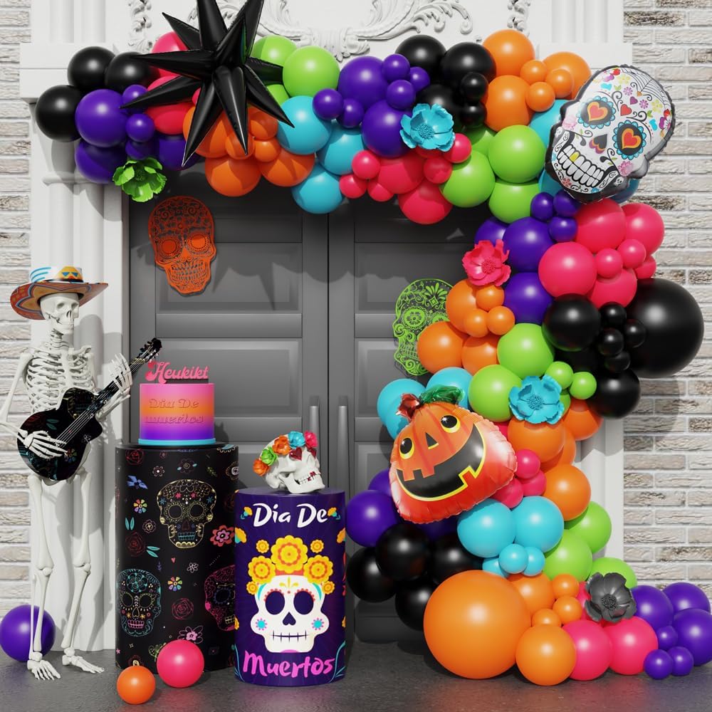 Kit de arco de guirnalda de globos del Día de los Muertos, 158 unidades, globos coloridos del Día de los Muertos con calavera y cono de calabaza,
