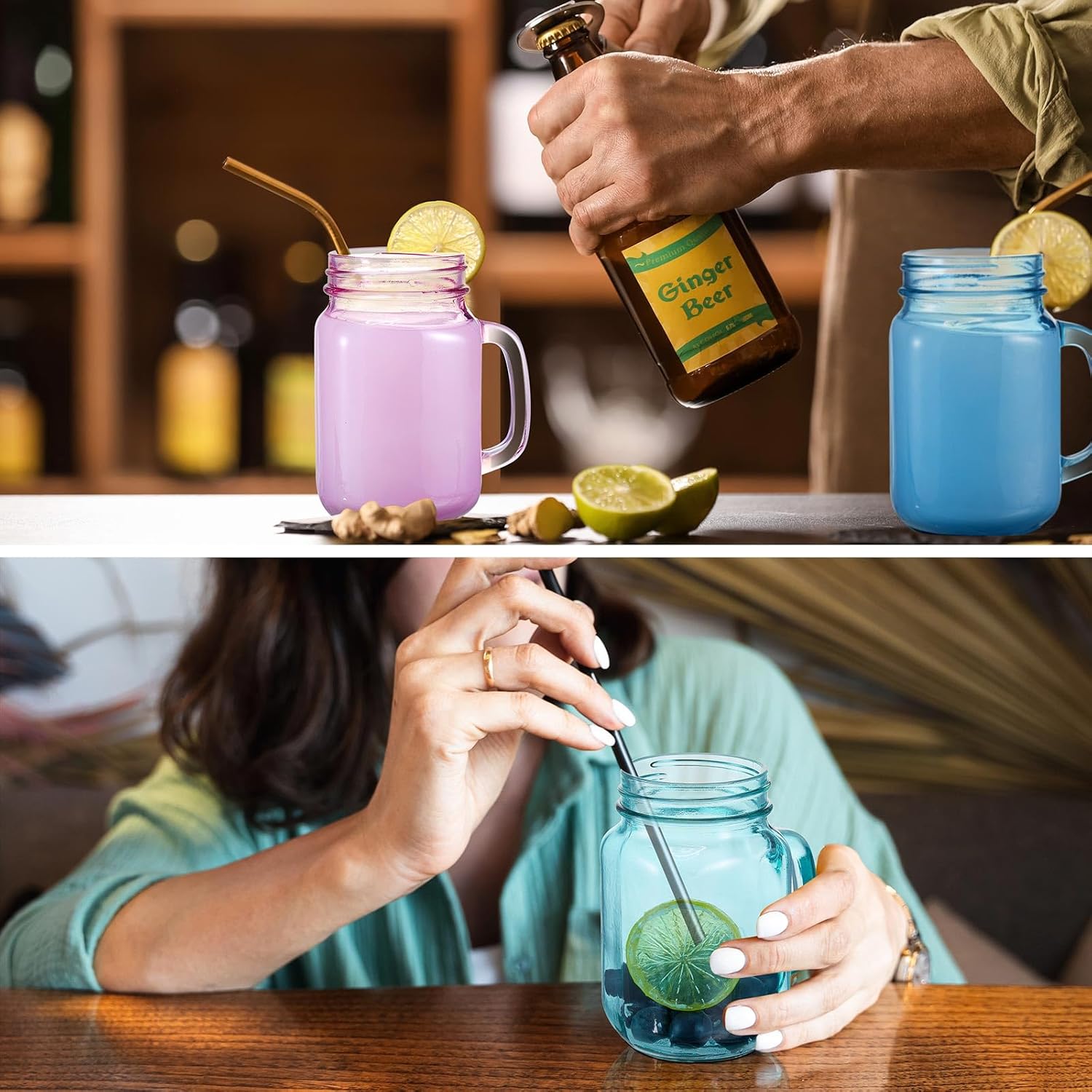 12 tarros Mason de colores de 16 onzas con asa, vasos para beber bebidas frías, decoración de almacenamiento, recuerdos de fiesta, cócteles, 6