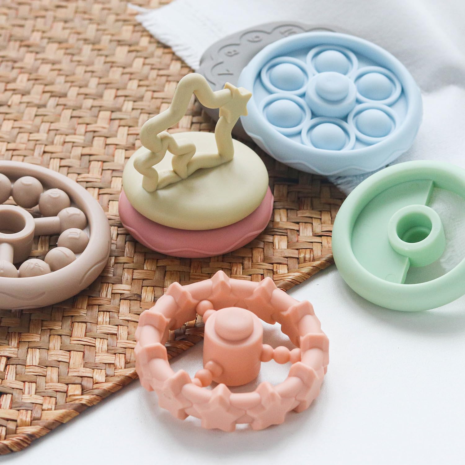 Juguetes de dentición para bebés, anillos apilables de bloques de construcción para niños pequeños Montessori, juguetes de viaje sensoriales para