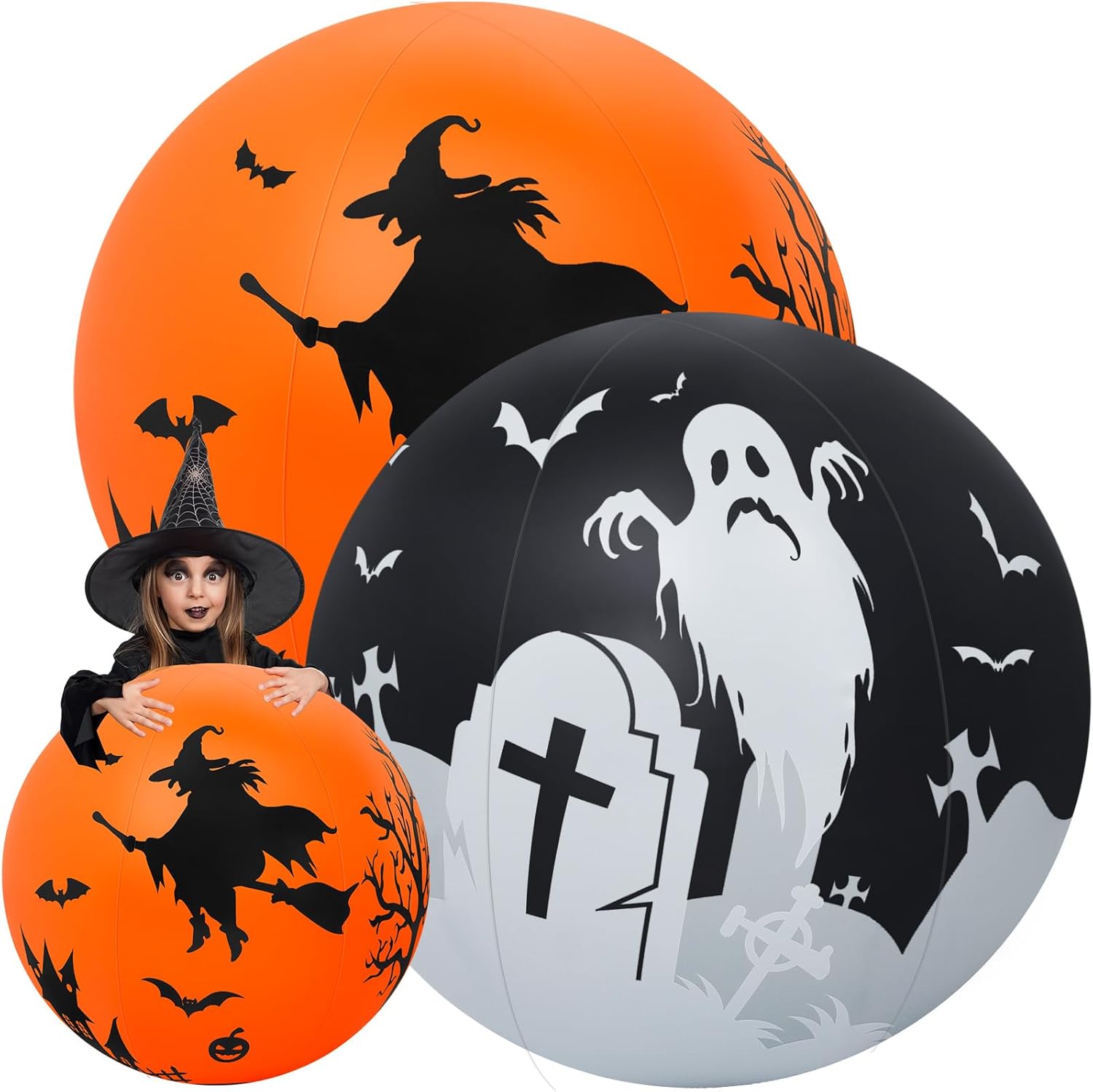 2 piezas de 27 pulgadas que brillan en la oscuridad enorme bola de Halloween con luz LED, bola inflable gigante de Halloween que brilla