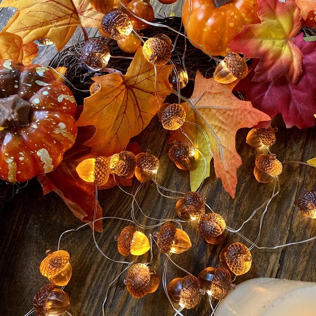 JASHIKA Guirnalda de luces 3D Twinkle Bellota para decoración de otoño, alambre de cobre de 10 pies, 30 luces LED alimentadas por pilas con